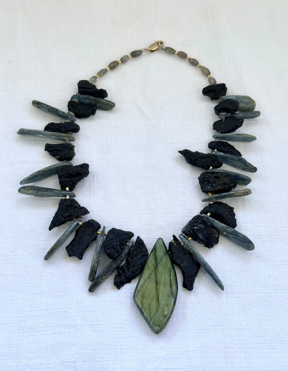 .925 artisan silver Blue kyanite crystals Labradorite abstract bib geological gemstone statement necklace