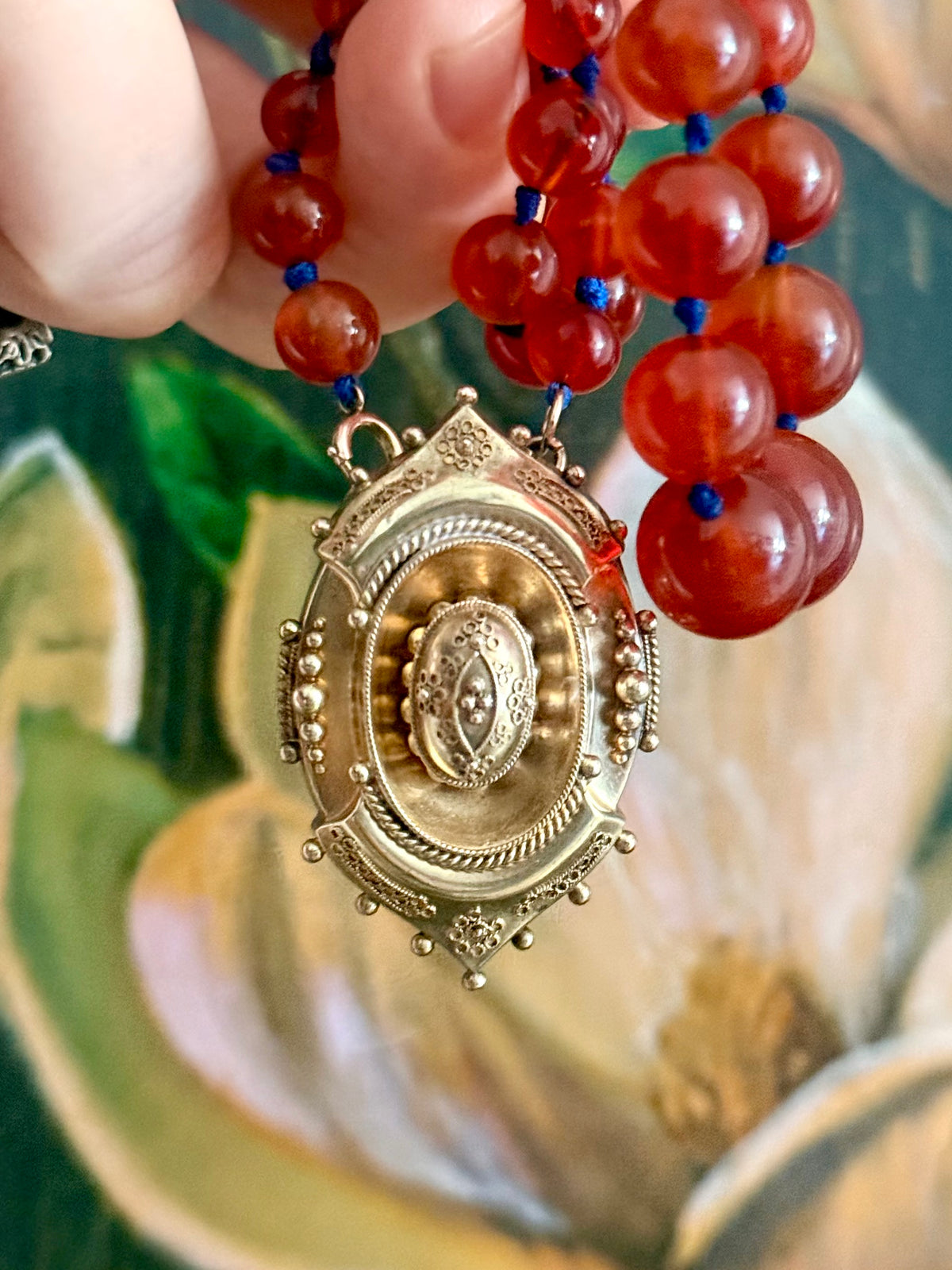 .1800s .375 .9ct gold Antique decorative fine Etruscan revival Victorian ornate gold oval pendant on luxury Carnelian bead graduated gemstone necklace setting