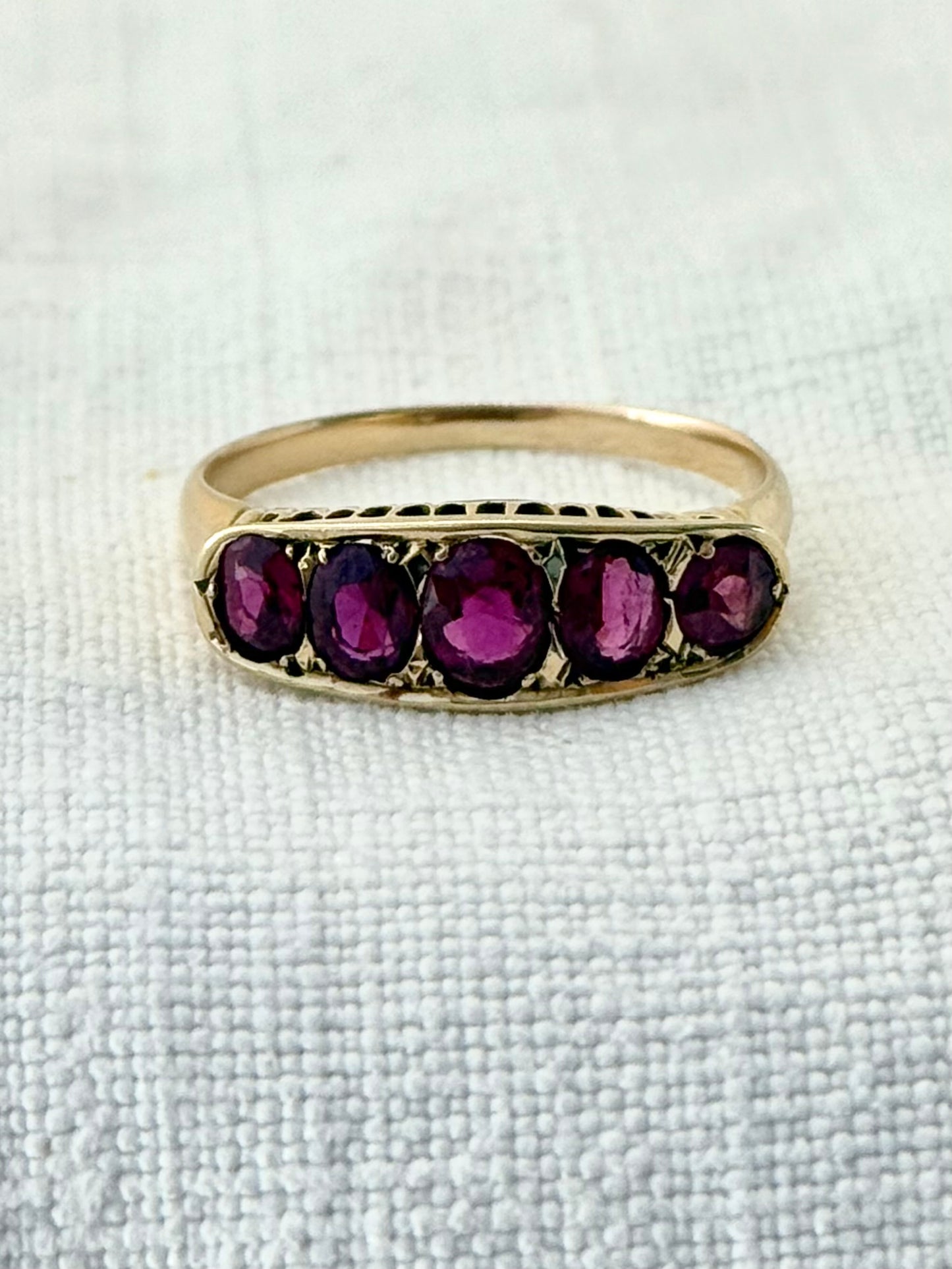 .14ct .1900s .1910s antique heirloom Pink Ruby 5 stone across Edwardian yellow gold half eternity boat ring dress ring