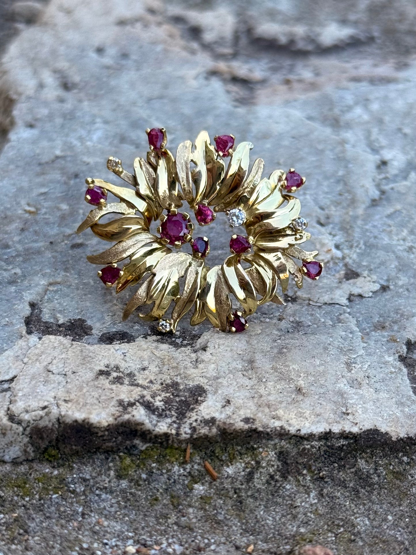 .1960s .1970s .375 gold modernist Diamond and Ruby gemstone heirloom Edelweiss flower spray brooch pin