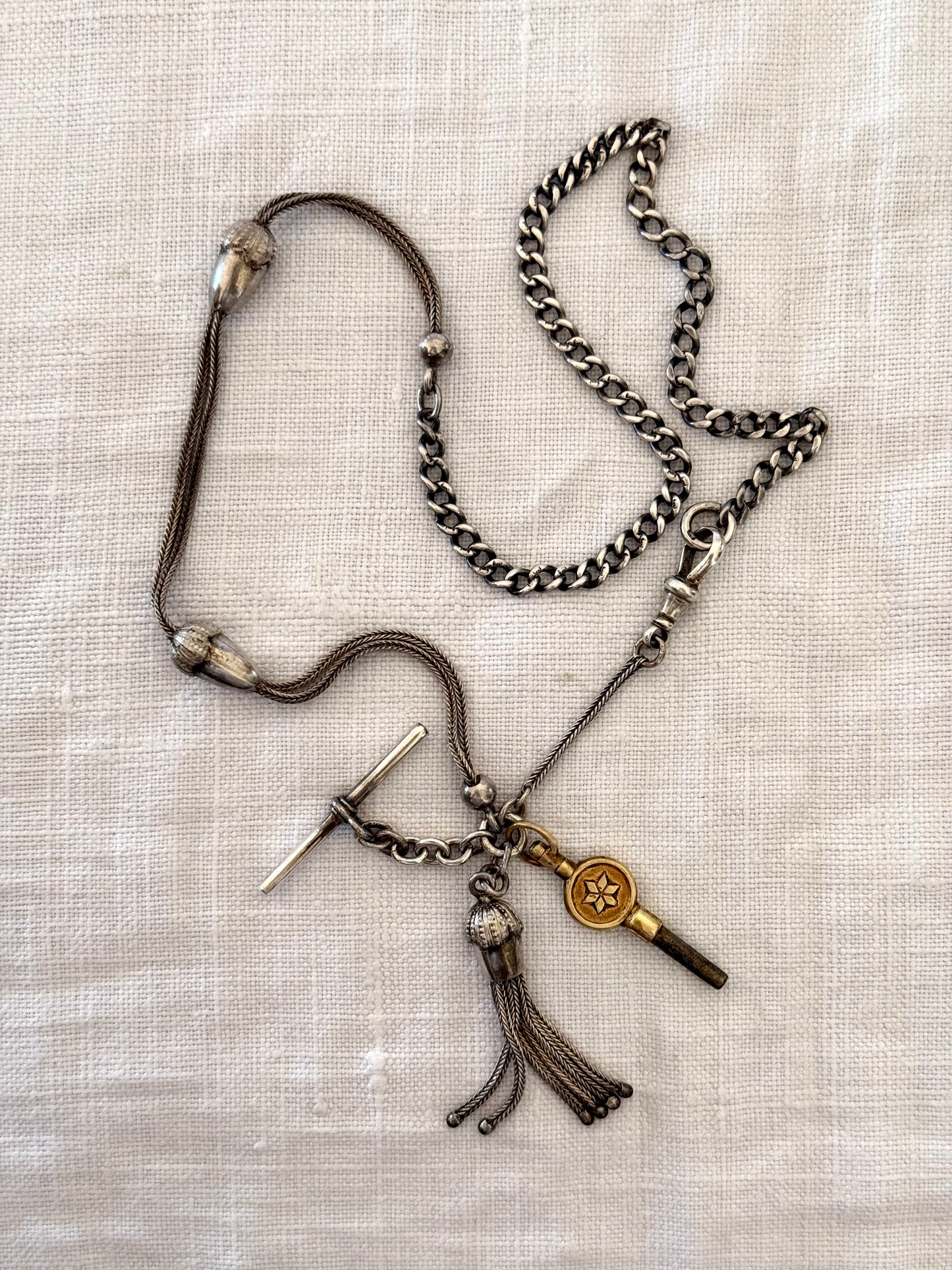 .1890s .1910s .925 antique rare Belle Epoque fancy Acorn lucky token Albertina chain hallmark silver fob chain necklace with Etruscan revival tassel fob and brass watch winder key dangles