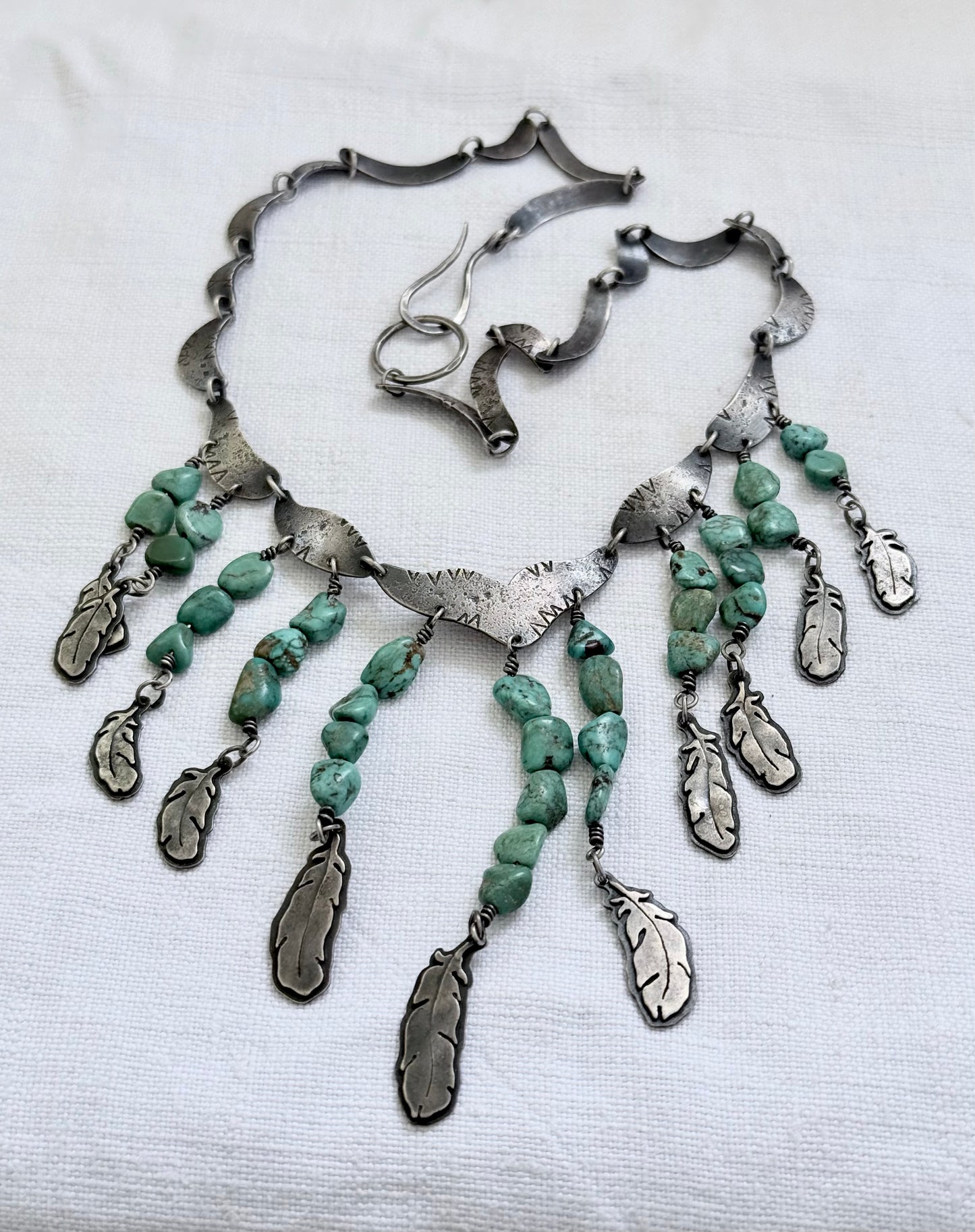 .925 artisan vintage Navajo silver feather traditional collectable collectors cascade necklace