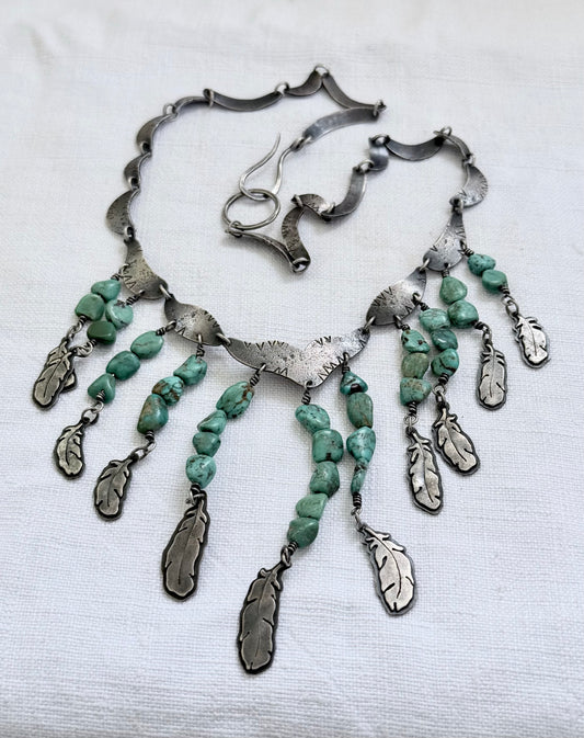 .925 artisan vintage Navajo silver feather traditional collectable collectors cascade necklace