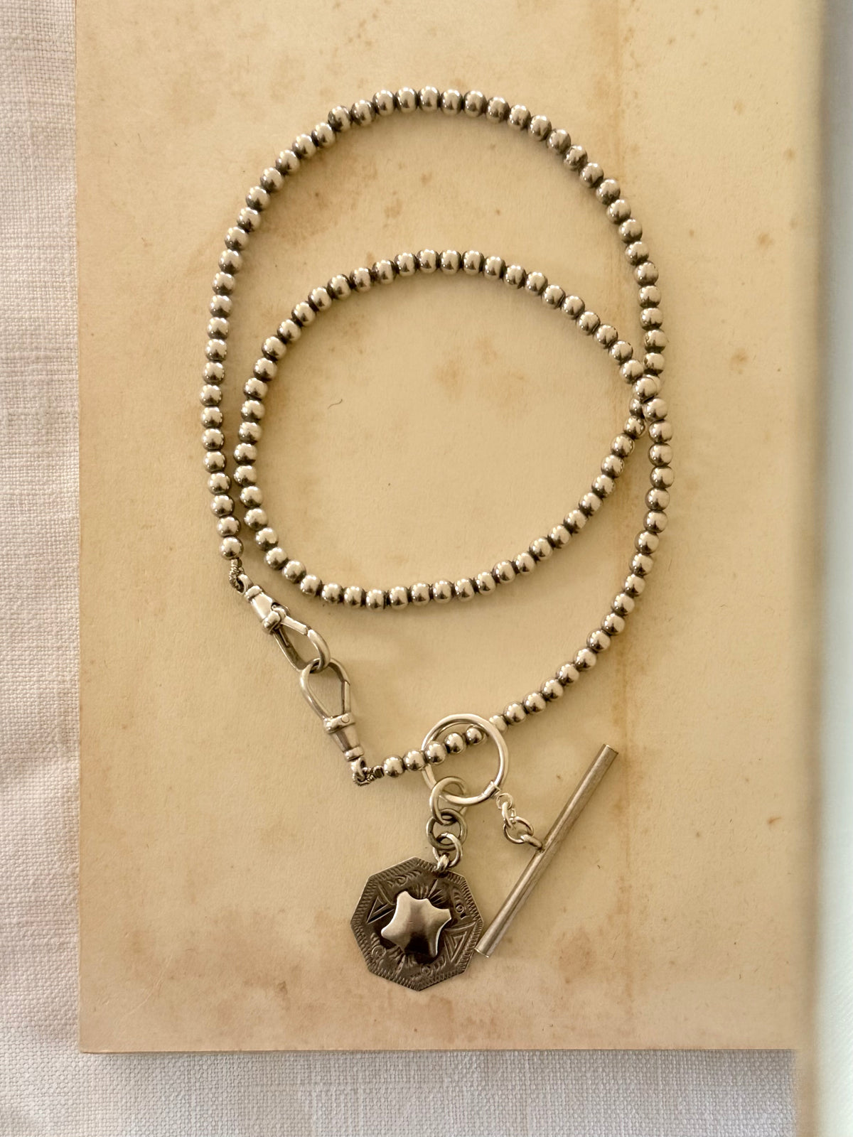 .925 antique revival modernist sterling silver bead chain fob chain t-bar medallion toggle chain necklace