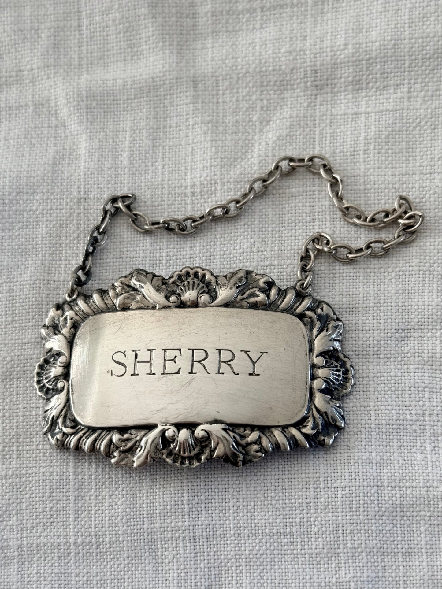 .1983 .925 hallmarked sterling silver Sherry alcohol London circa 1983 vintage silver decanter label