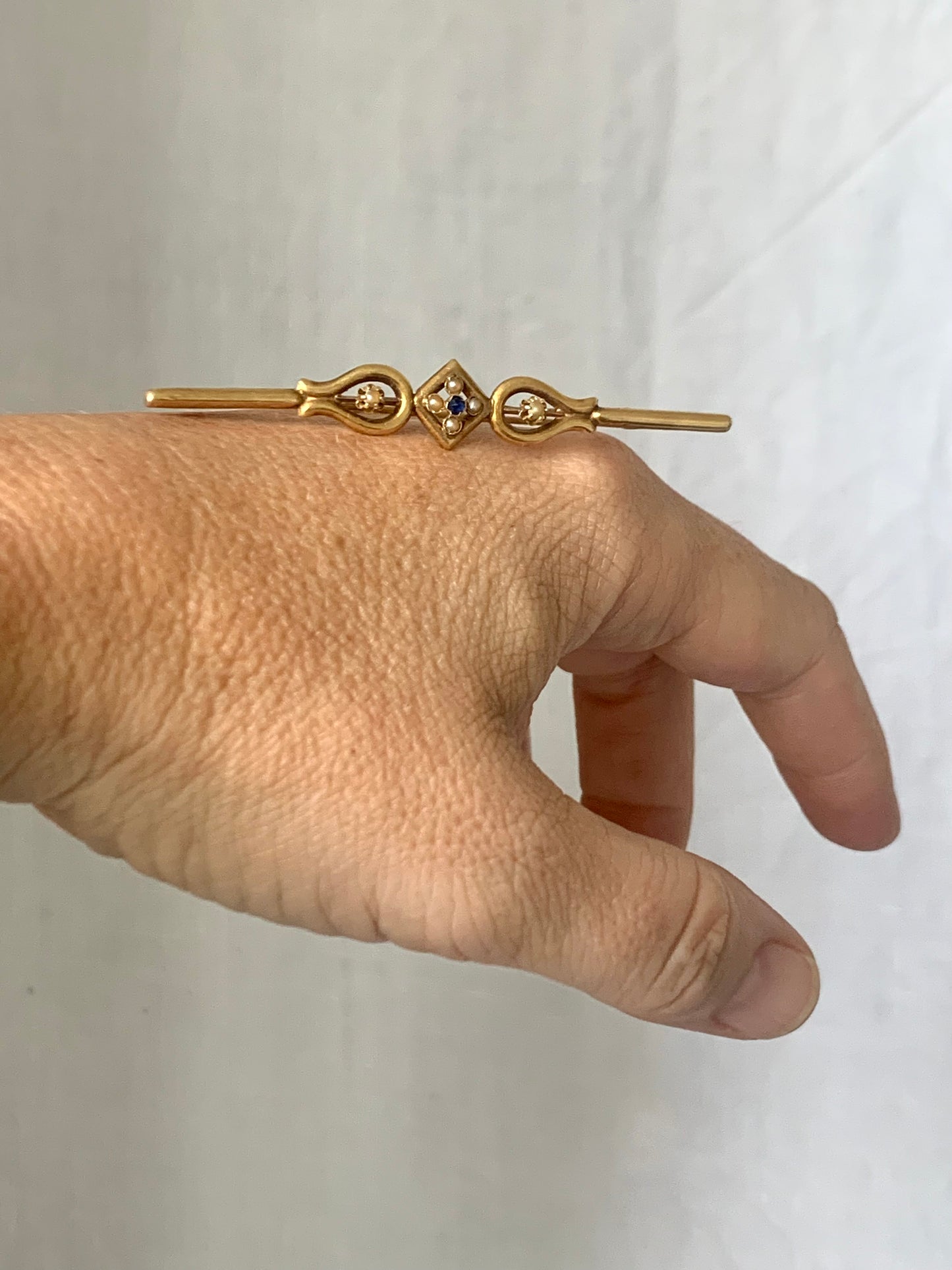 Belle Epoque French Sapphire and Seed Pearl buttery high 18ct gold late 1800s estate find sentimental sweetheart bar brooch