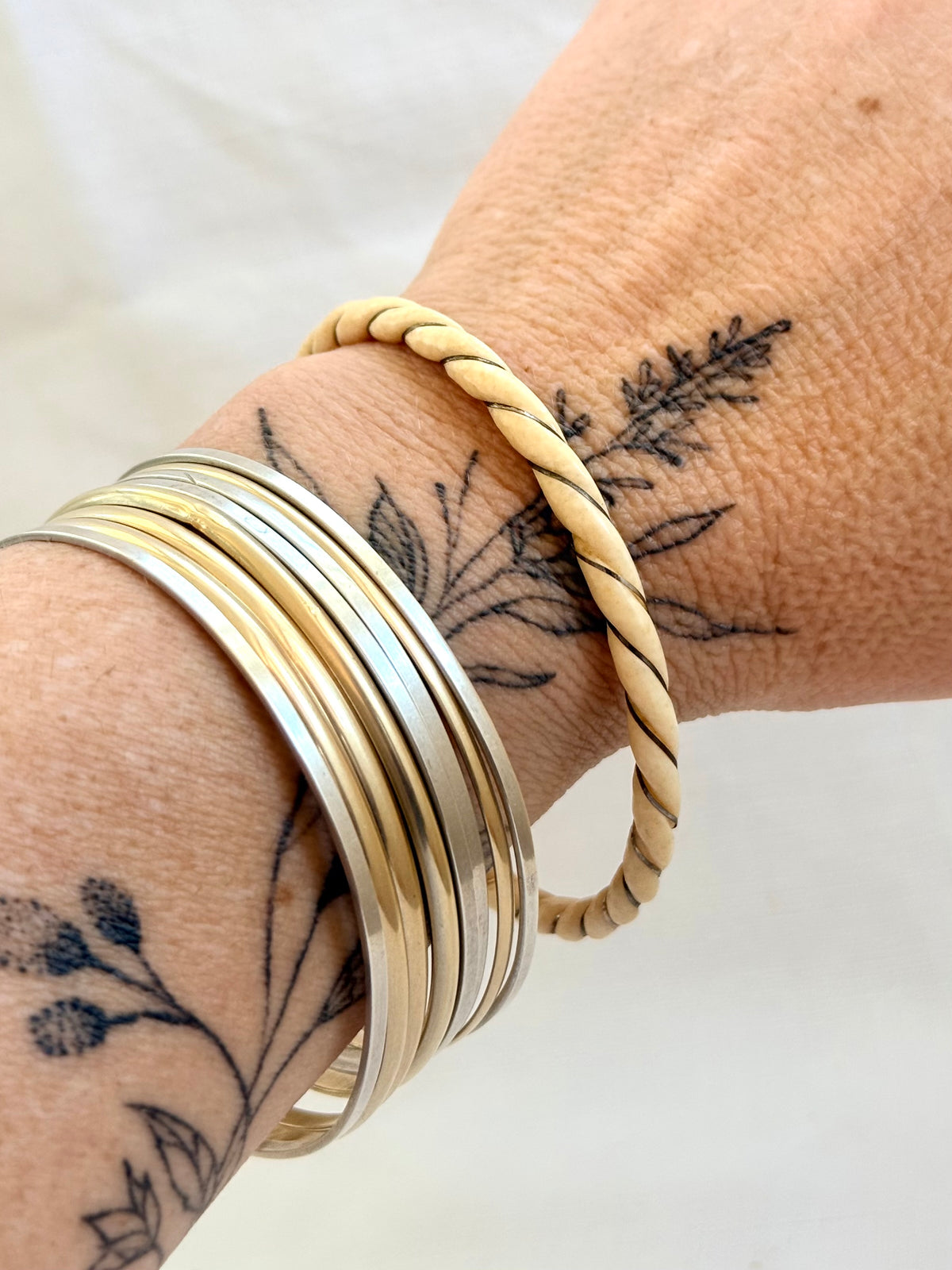 .1900s antique pre ban ivory bone 9ct gold woven wrapped stack bangle