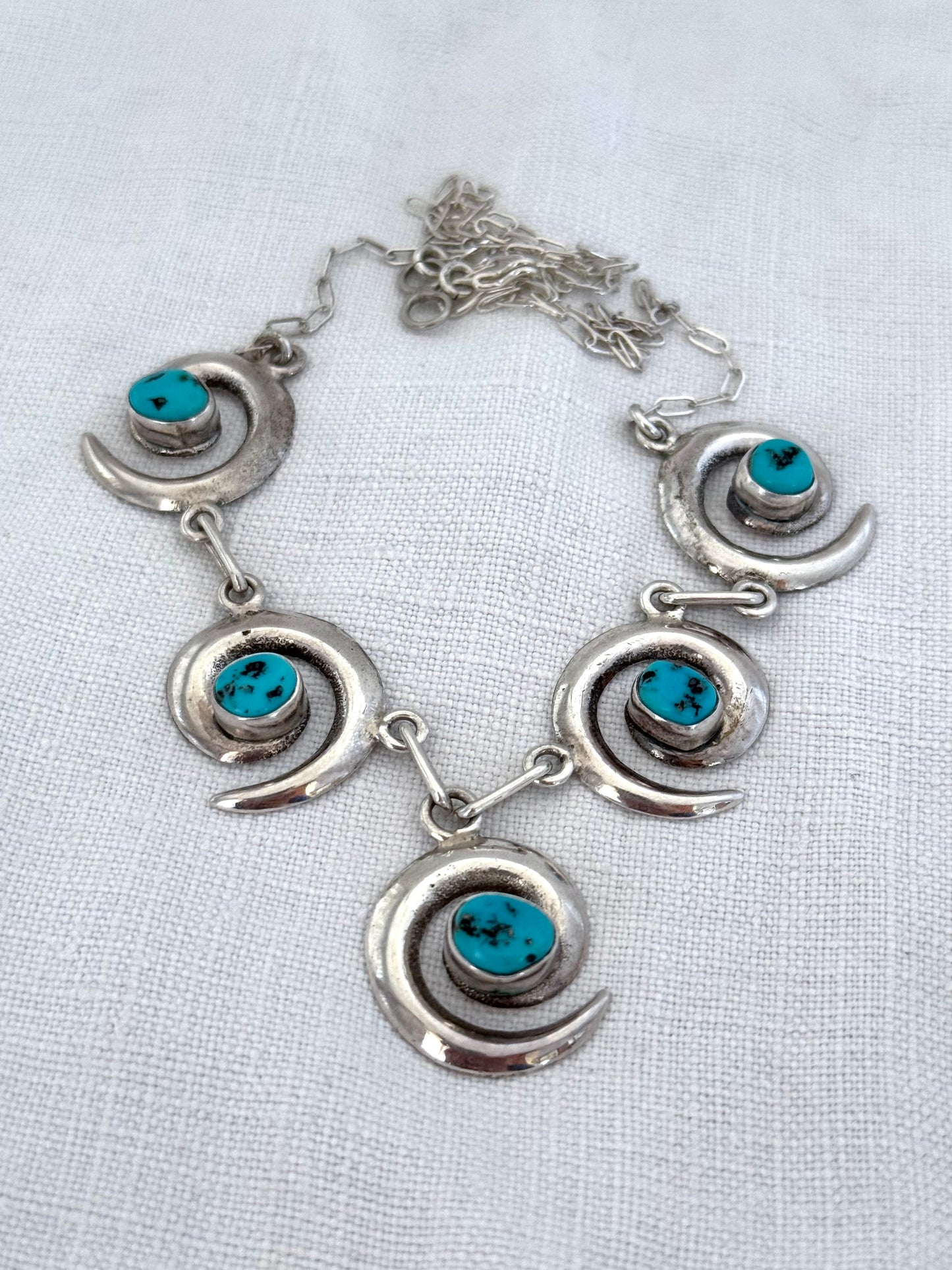 .1970s .925 artisan made Navajo silversmith turquoise silver swirl pattern necklace and designer Mildred Parkhurst earring set