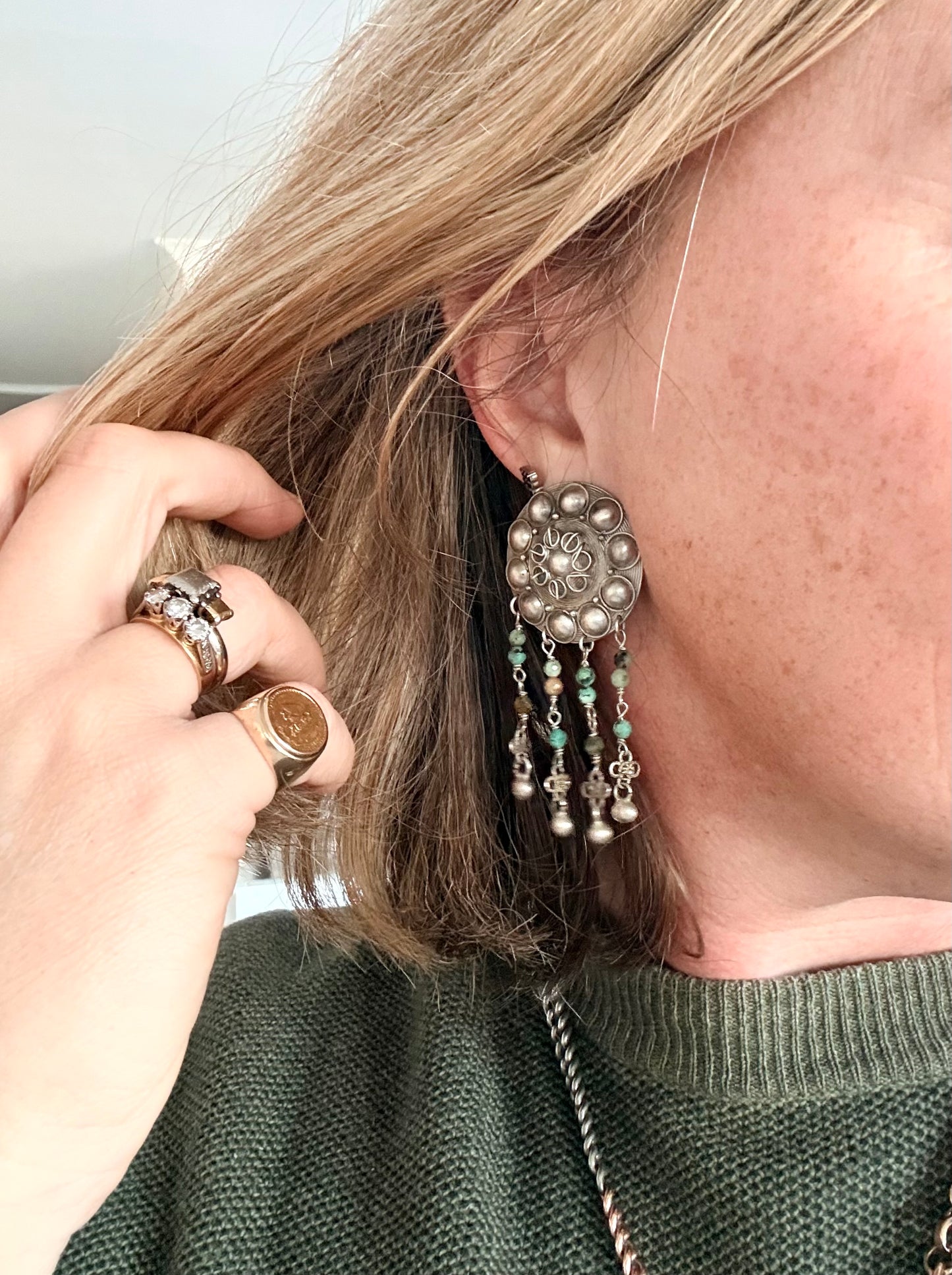 .925 HelenSilverSmit artisan made African Turquoise Tribal shield fringe dangle gemstone earrings