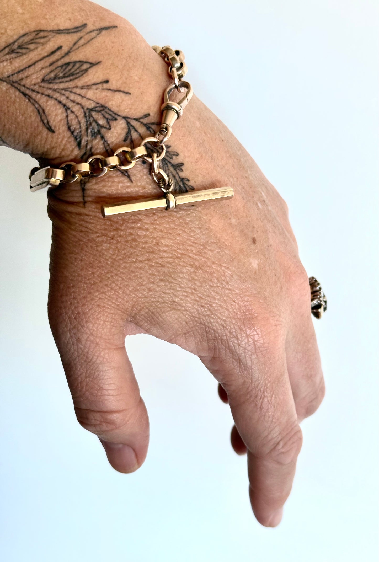 .1890s .1900s .9ct antique chunky gold fancy link double paper clip link fob chain with oversized T bar bracelet
