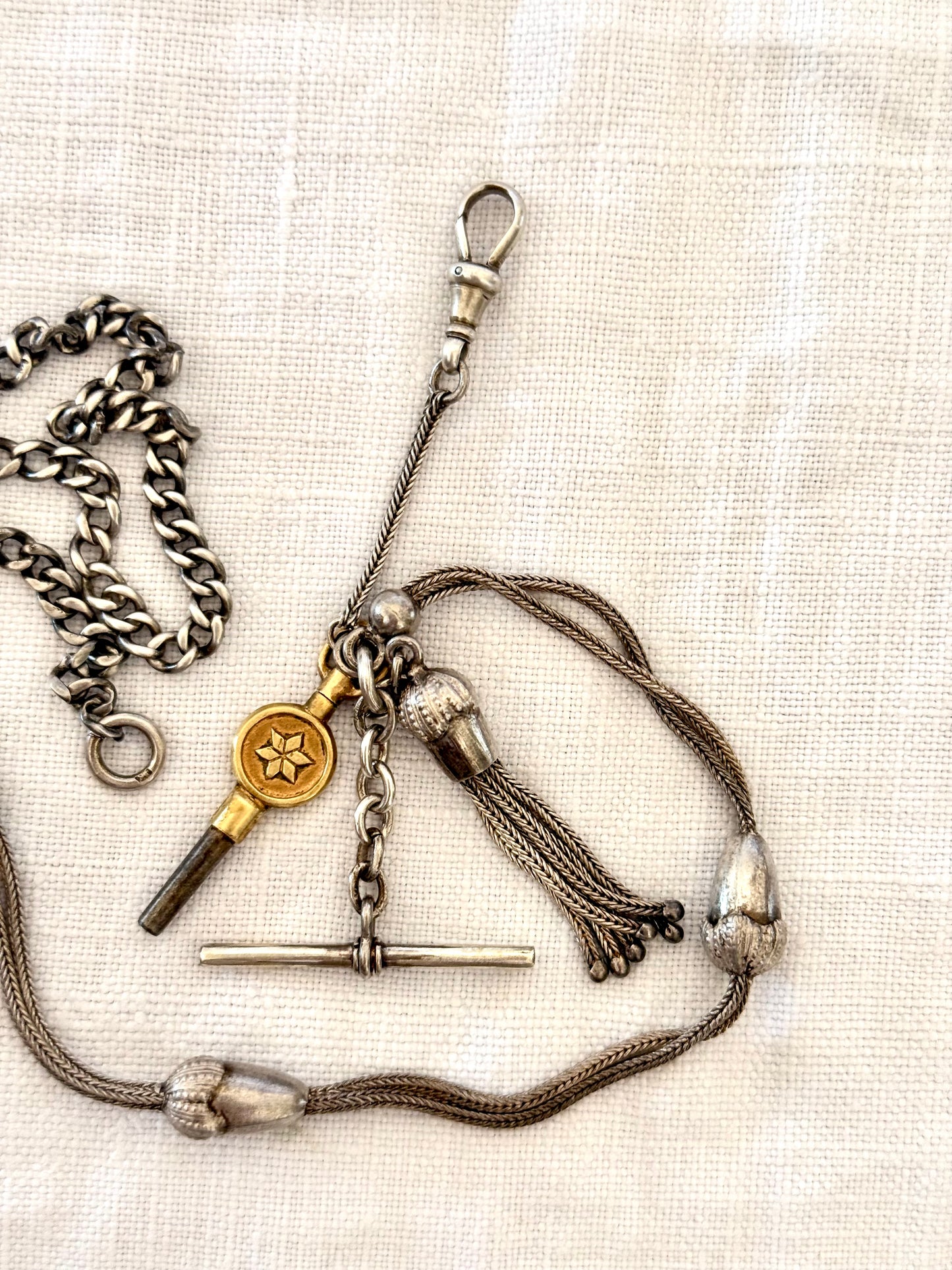 .1890s .1910s .925 antique rare Belle Epoque fancy Acorn lucky token Albertina chain hallmark silver fob chain necklace with Etruscan revival tassel fob and brass watch winder key dangles