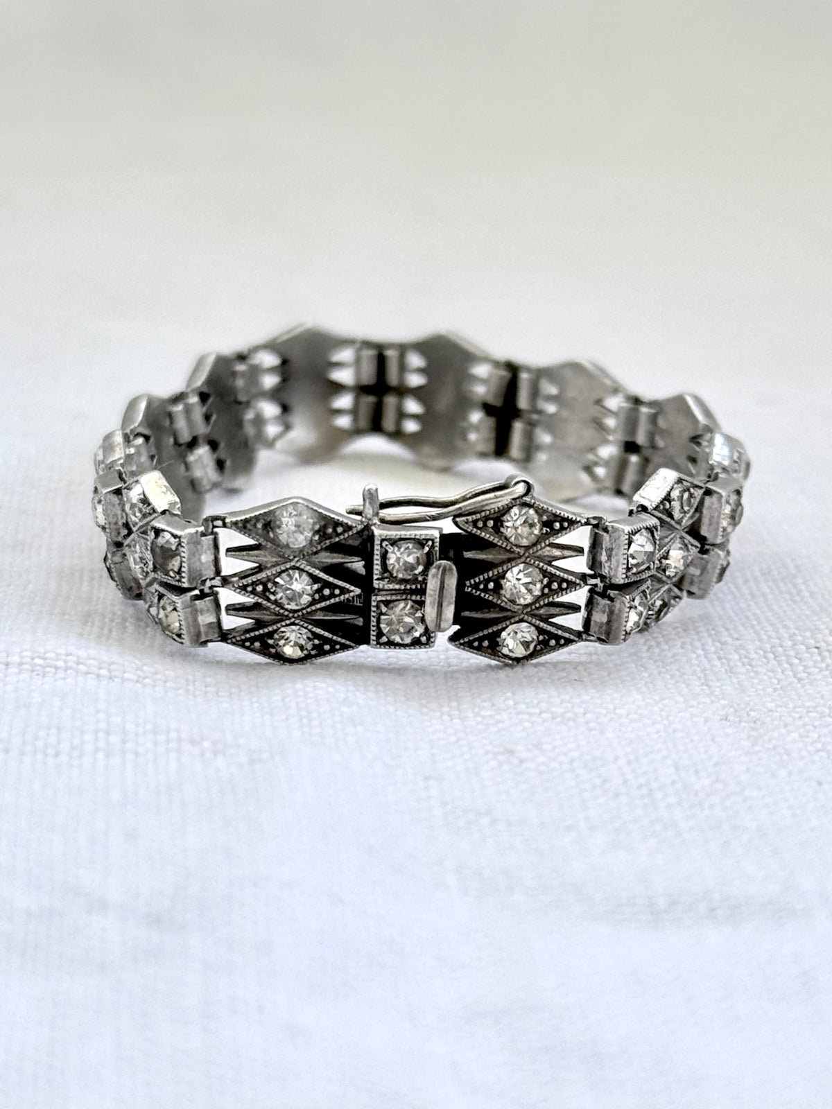 .1930s .1940s .925 Art Deco style diamond paste stone triple fancy link tennis style sterling silver tennis clasp bracelet
