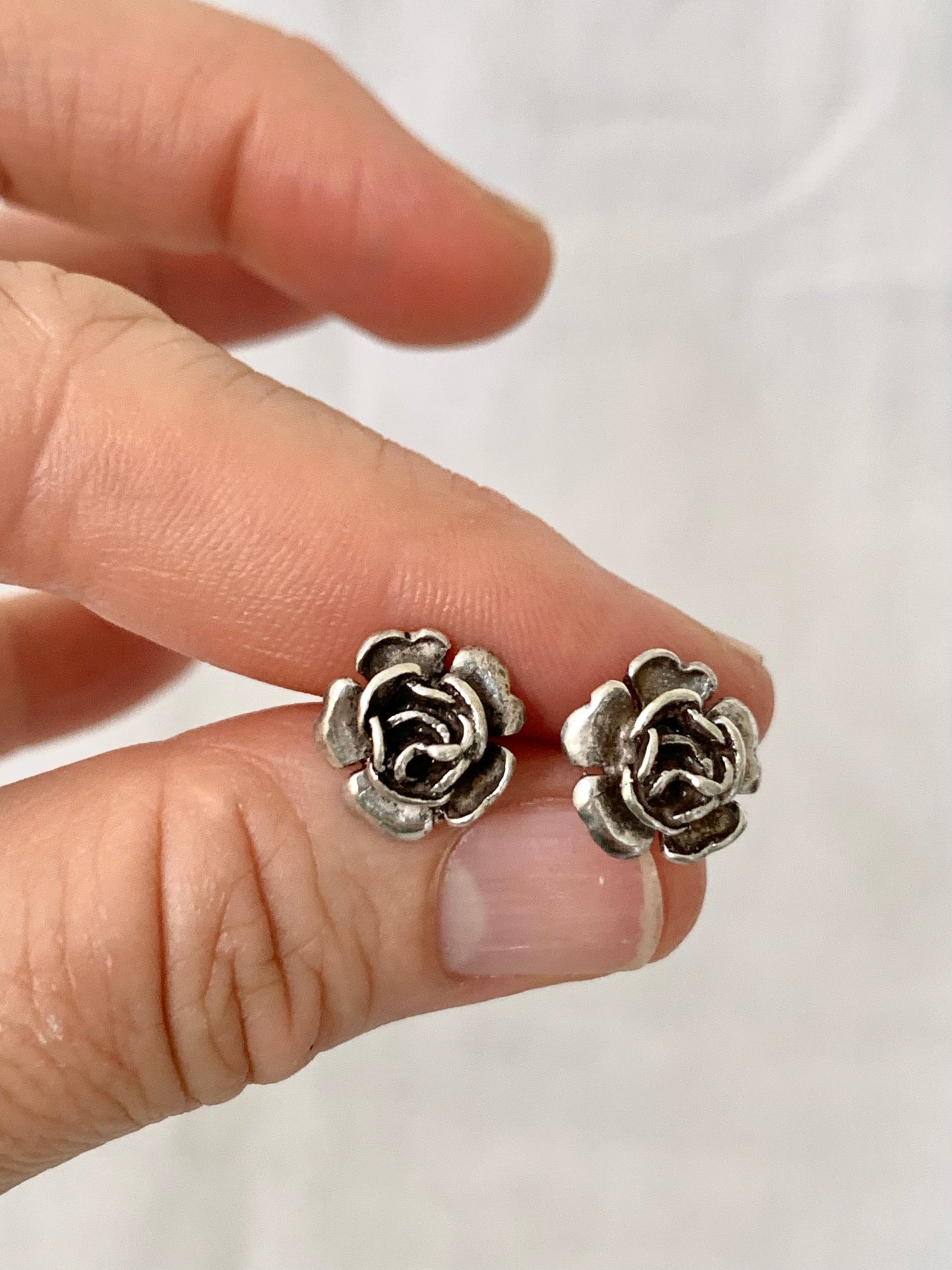 .925 1970s 12mm diameter 3-D Rose flower sterling silver floral post push in stud earrings