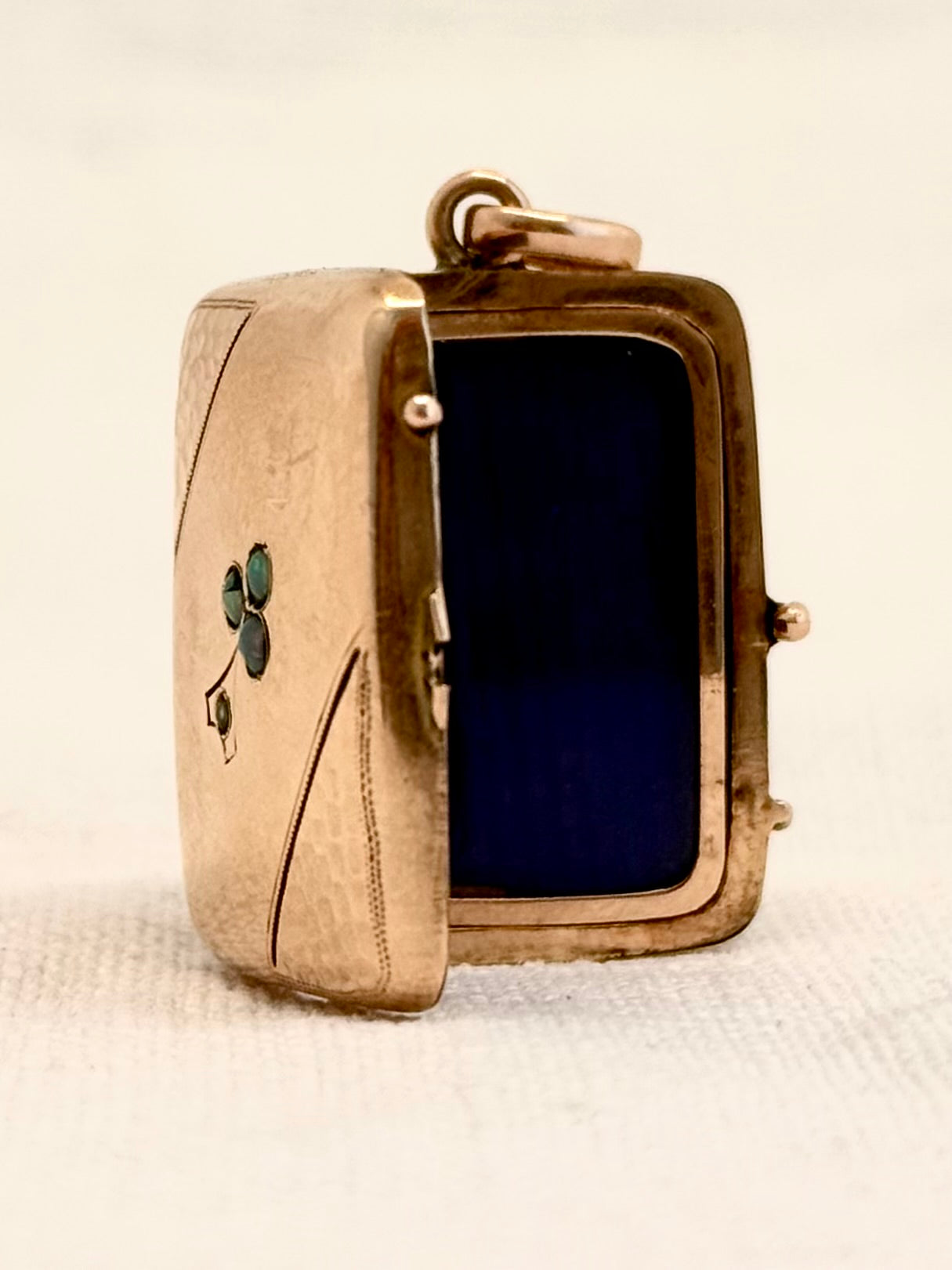 .1890s .1900s antique Victorian to Edwardian exquisite Rose Gold Cased photo locket with Opals and Pearl flower decal and Onyx gemstone back