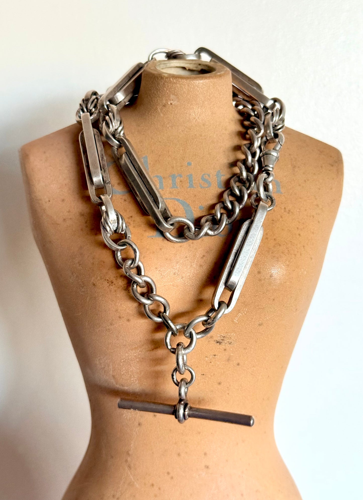 .1897 .1909 .925 antique solid chunky Albert fob chain fancy link Lovers Knot double Paper clip link Trumpet link hallmark Victorian Edwardian watch chain fob chain collectors necklace