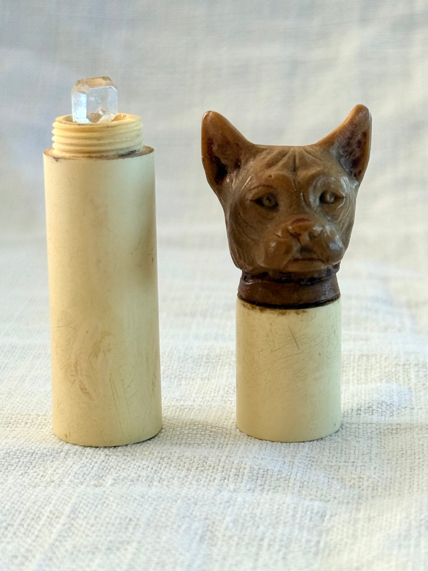 .1920s .1930s Art Deco rare hand carved French Bull Dog bakelite novelty perfume holder figural dog figurine case