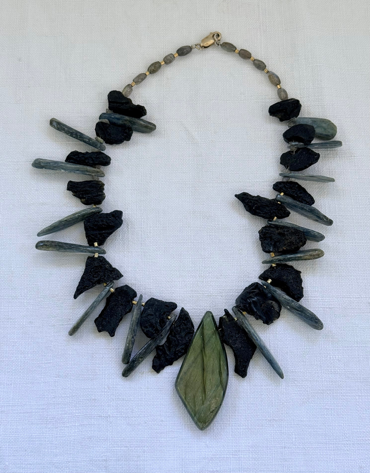 .925 artisan silver Blue kyanite crystals Labradorite abstract bib geological gemstone statement necklace