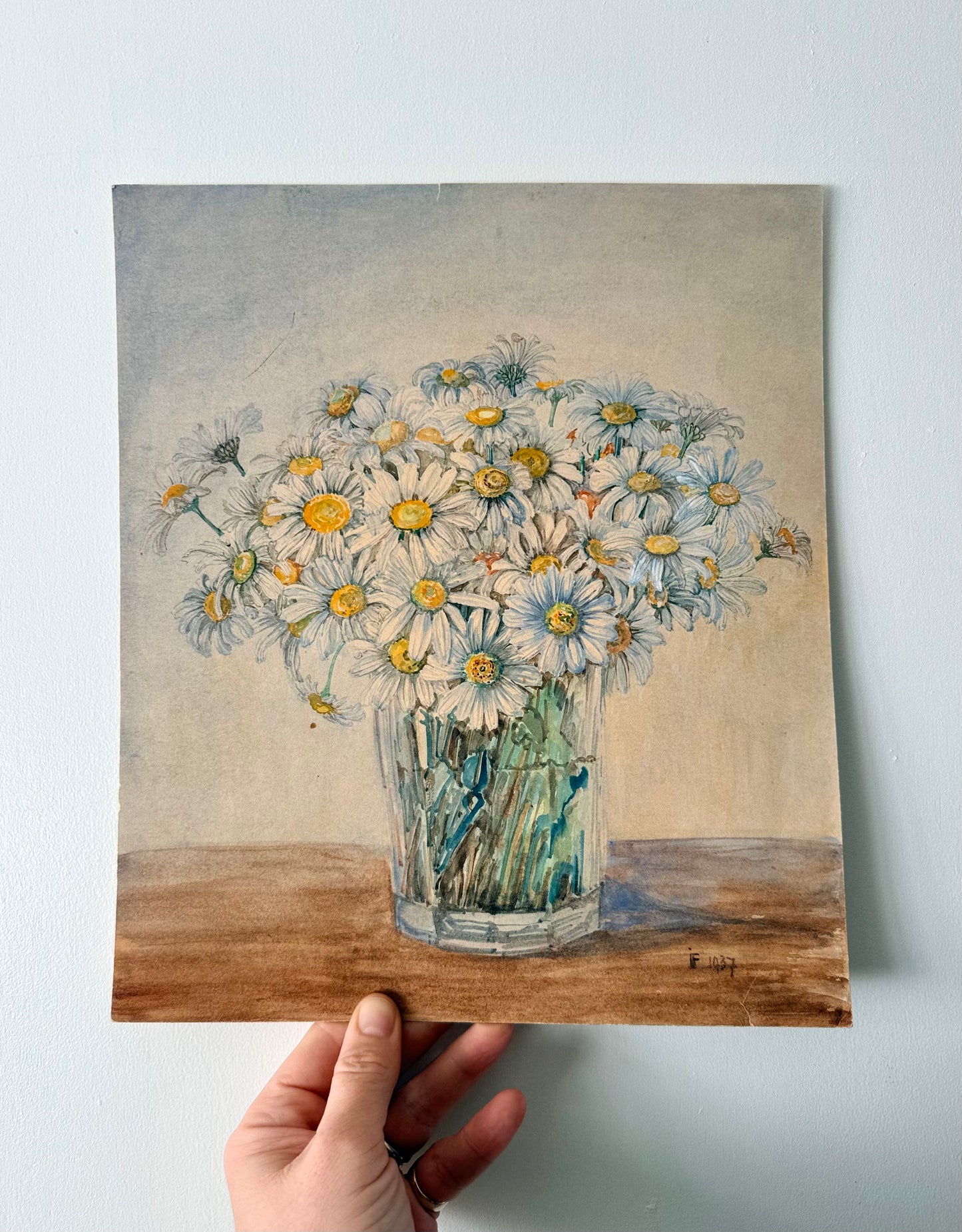 .1937 artist signed watercolour still life Daisies artwork art