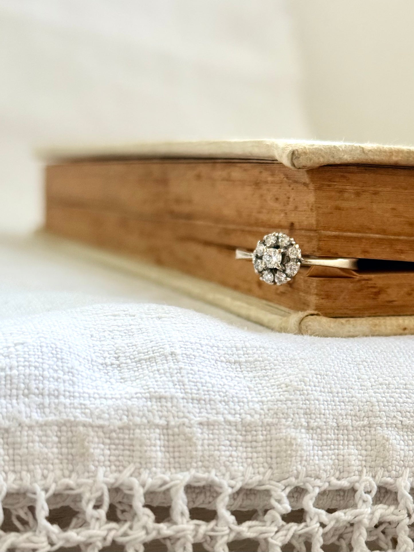 .18ct .1950s .1970s .9 diamond .750 white gold Diamond cluster flower floret halo diamond heirloom diamond gold commitment ring engagement ring