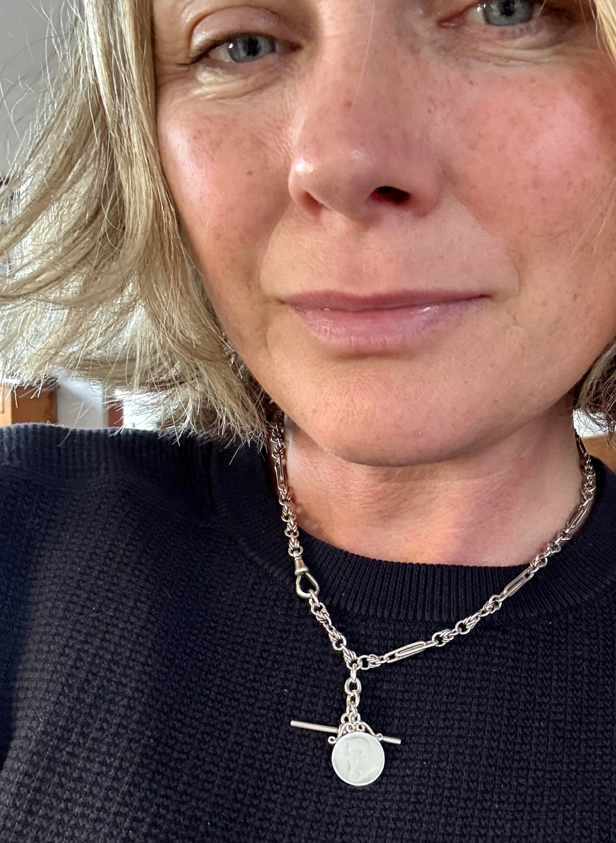.1888 .1897 .925 antique solid silver fancy Albert fob chain Lovers Knot Trumpet link Paper clip link hallmarked sterling silver Victorian era double love knot watch chain necklace