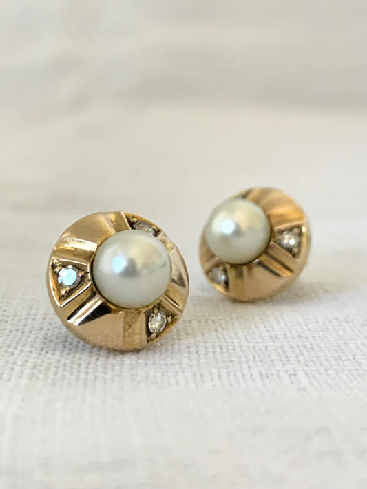 .375 2 Pearls 6 diamond classic 9ct yellow gold luxury circle post stud push in earrings