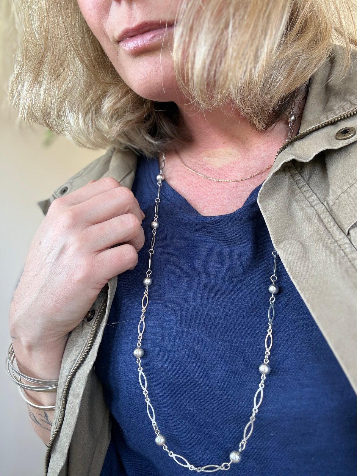 .1960s .1970s .89cm long .925 vintage fancy ball and navette oval form long silver fancy link chain necklace