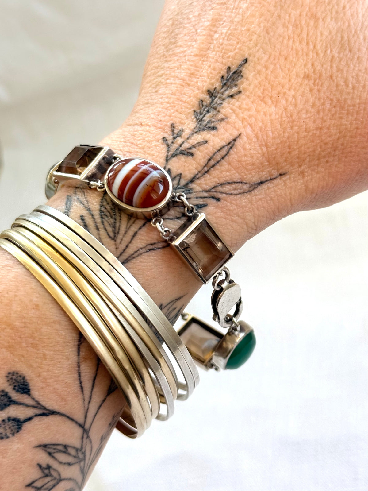 .1990s .2000s .8 stone .925 silver chunky statement artisan made Modernist gemstone links segment bracelet