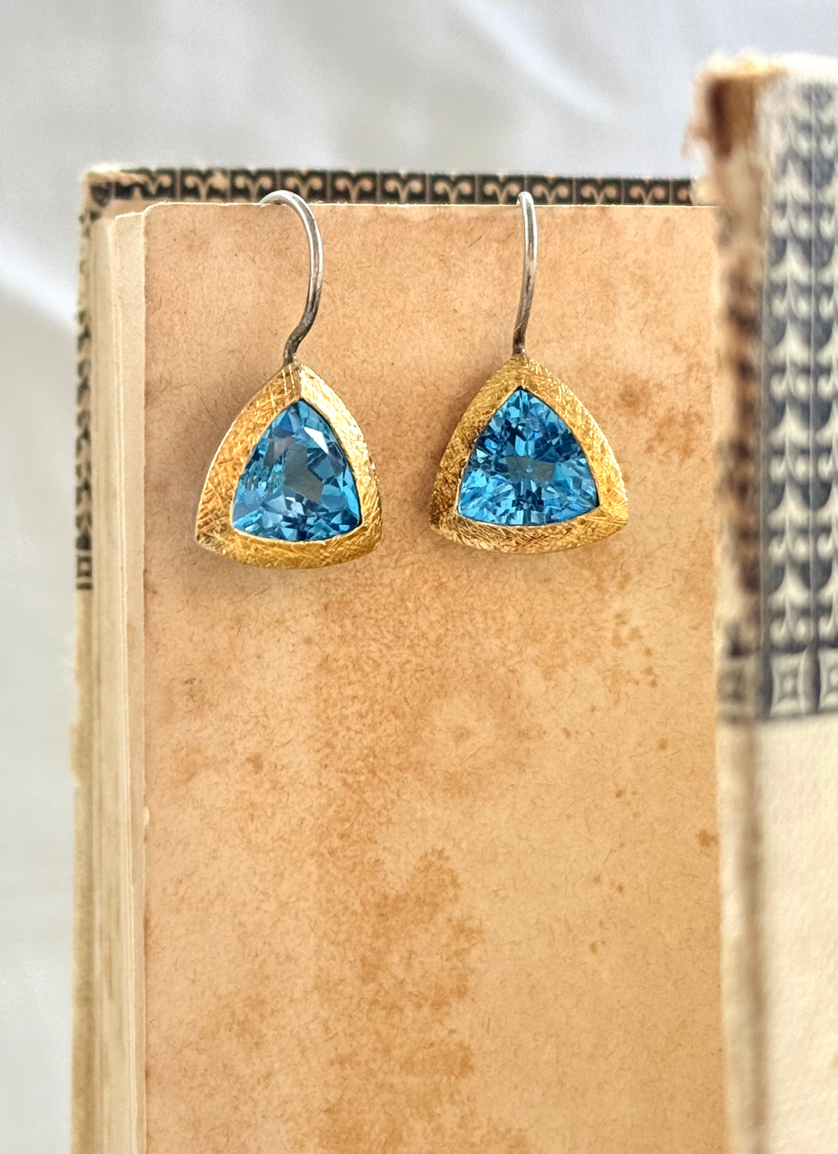 .24k yellow gold 925 silver ANPA artisan made Swiss Blue Topaz Trillion gold silver studio made drop dangle earrings