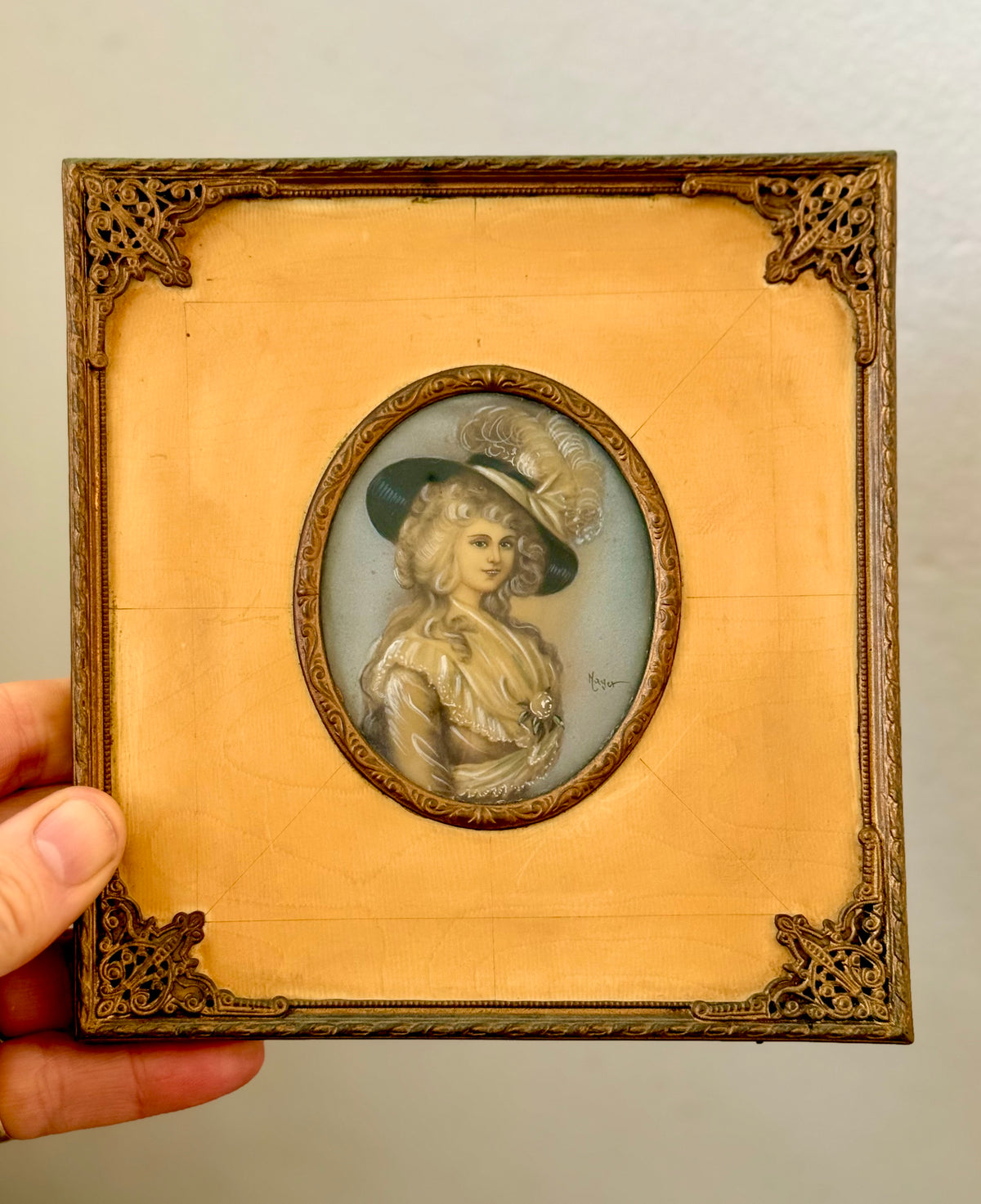 .1800s .1920s .1930s PAIR of Victorian revival miniature hand painted Dame Portraits Paintings Artist Mayer Signed