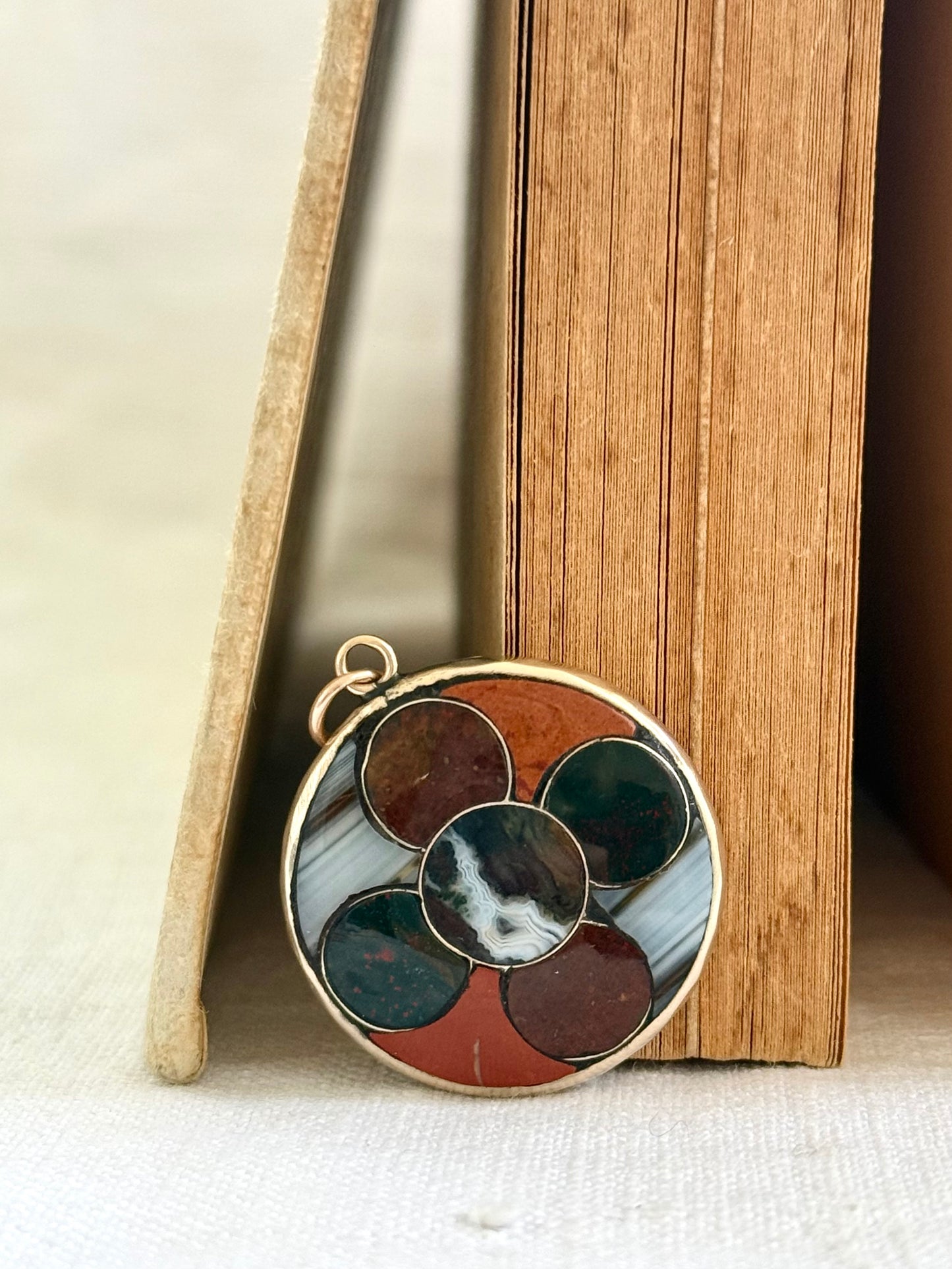 .1850s .1860s .375 gold .925 silver antique Victorian Scottish agate pebble stone pendant with St Christopher token pendant