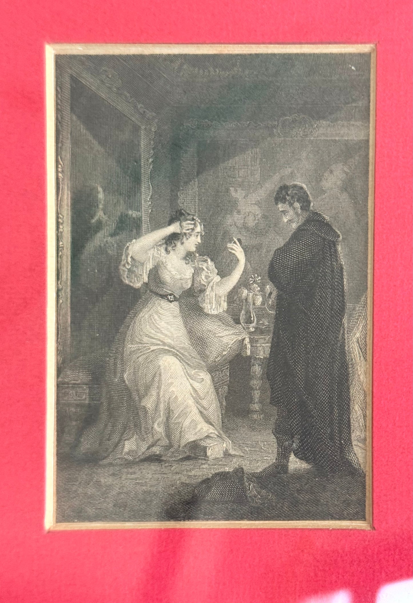 .1800s .1850s antique bookplate steel engraving framed Romantic Gothic literature scene depiction