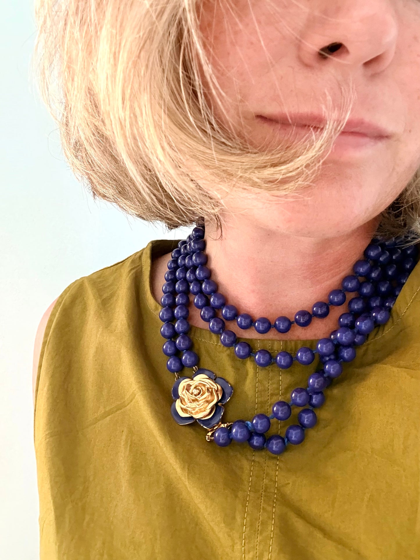 .100cm long .1980s Rare Yves Saint Laurent designer double long strand Lapis Blue Royal Blue Rose Flower gold tone floral clasp costume accent necklace