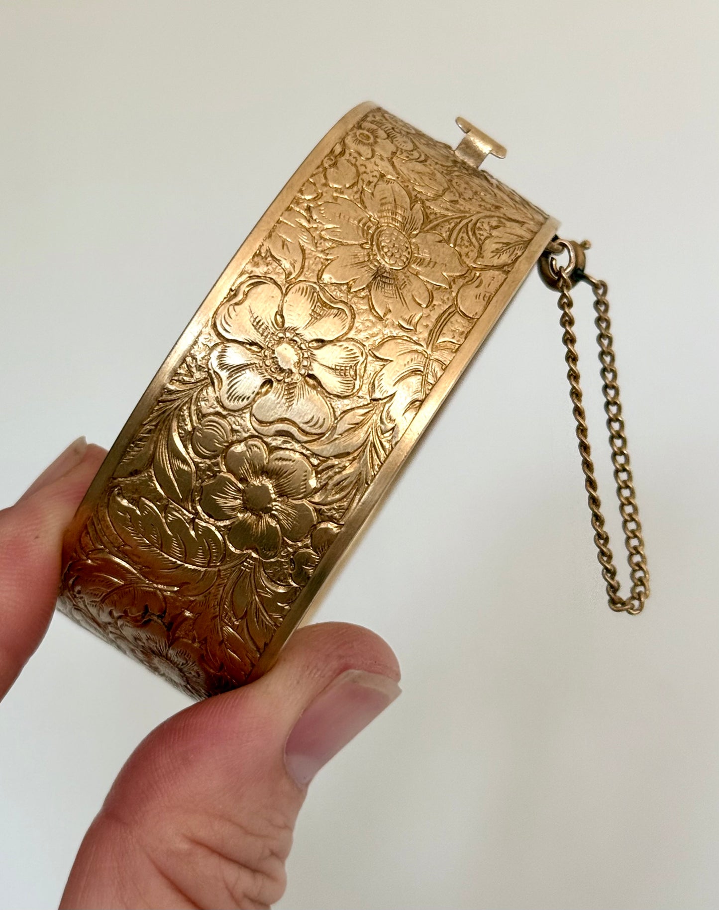 .1900s .1940s Victorian revival Dog Rose floral flower hand engraved gold plated brass romantic clasp bangle