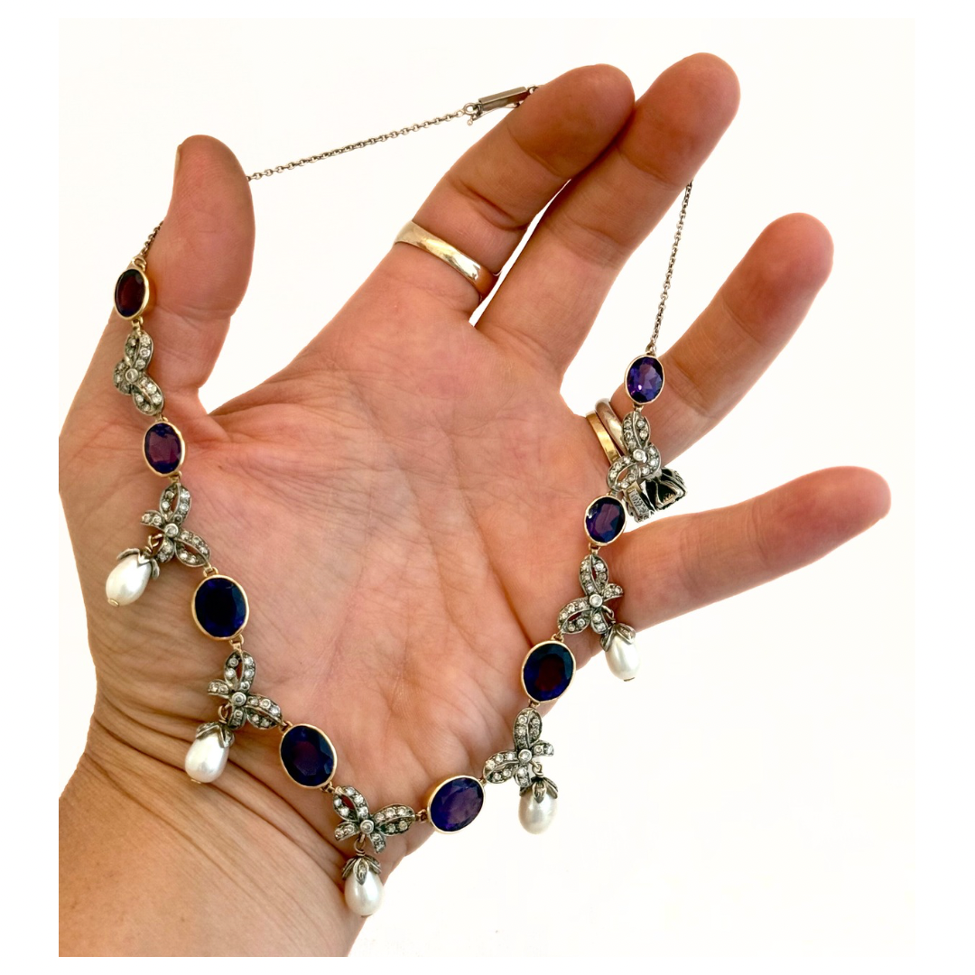 .1880s 1900s .18ct gold antique Belle Epoque Amethyst Diamond and pearl bow and ribbon Collier 750 marked necklace and earring set