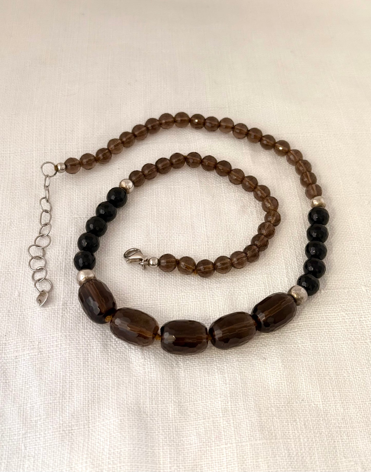 .925 Smokey Quartz and Onyx gemstone luxury Birmingham silver hallmarked faceted bead necklace