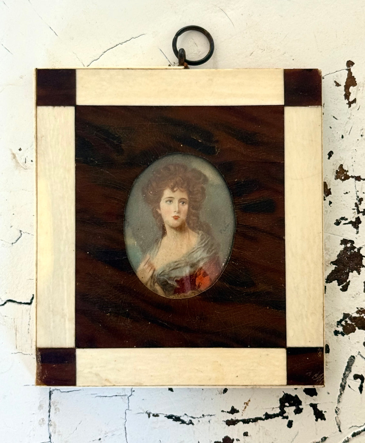 .1700s .1800s Baroque revival miniature hand painted Dame Portraits Painting in Ivory and wooden inlay frame