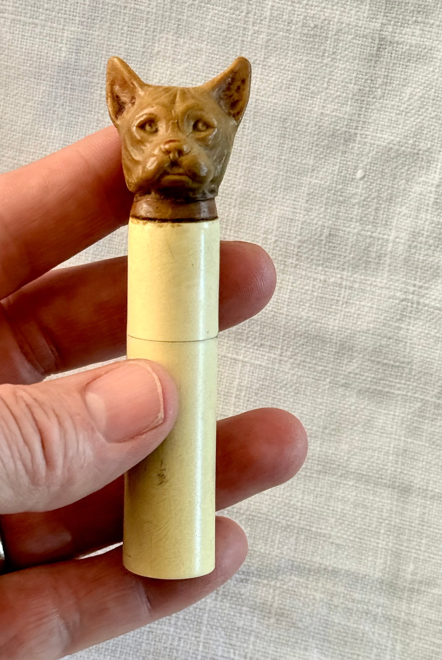 .1920s .1930s Art Deco rare hand carved French Bull Dog bakelite novelty perfume holder figural dog figurine case