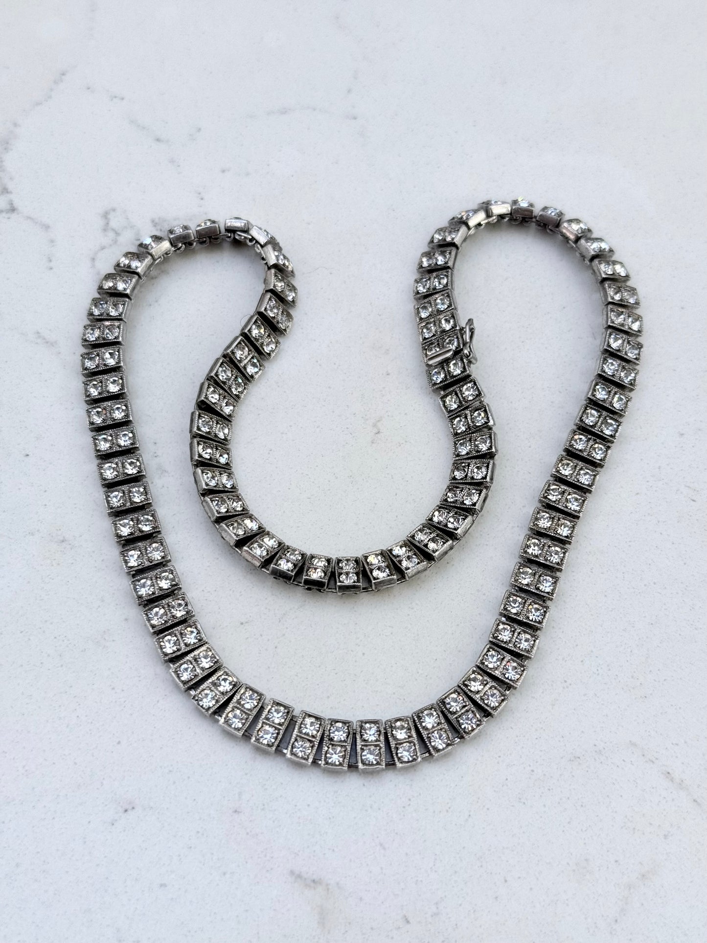 .1930s .1940s .925 Art Deco style double paste stone tennis style sterling silver choker necklace