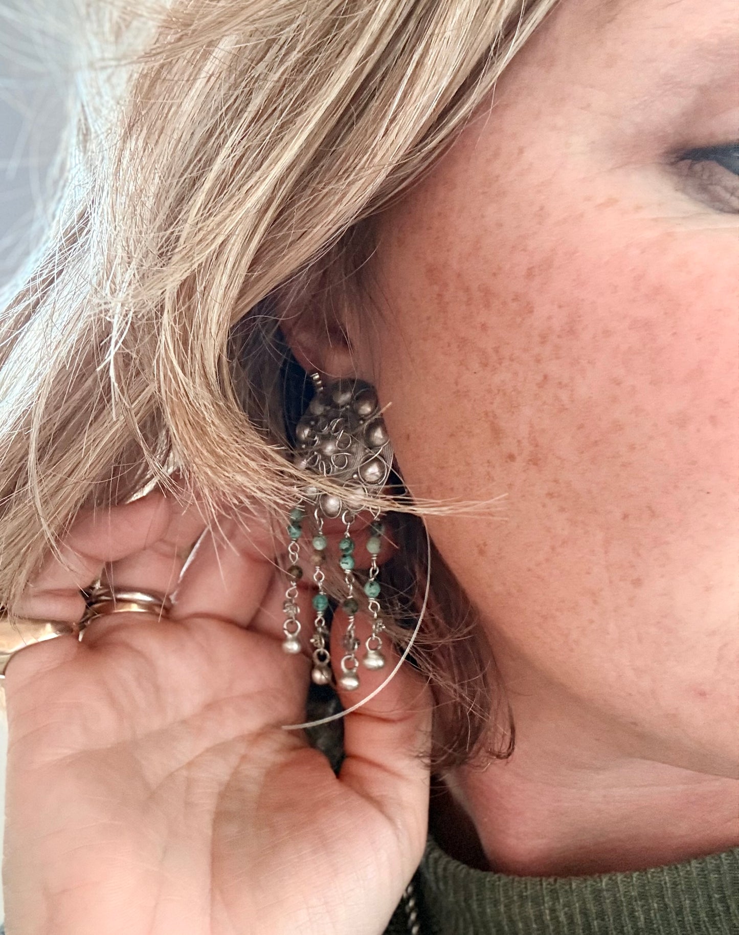 .925 HelenSilverSmit artisan made African Turquoise Tribal shield fringe dangle gemstone earrings