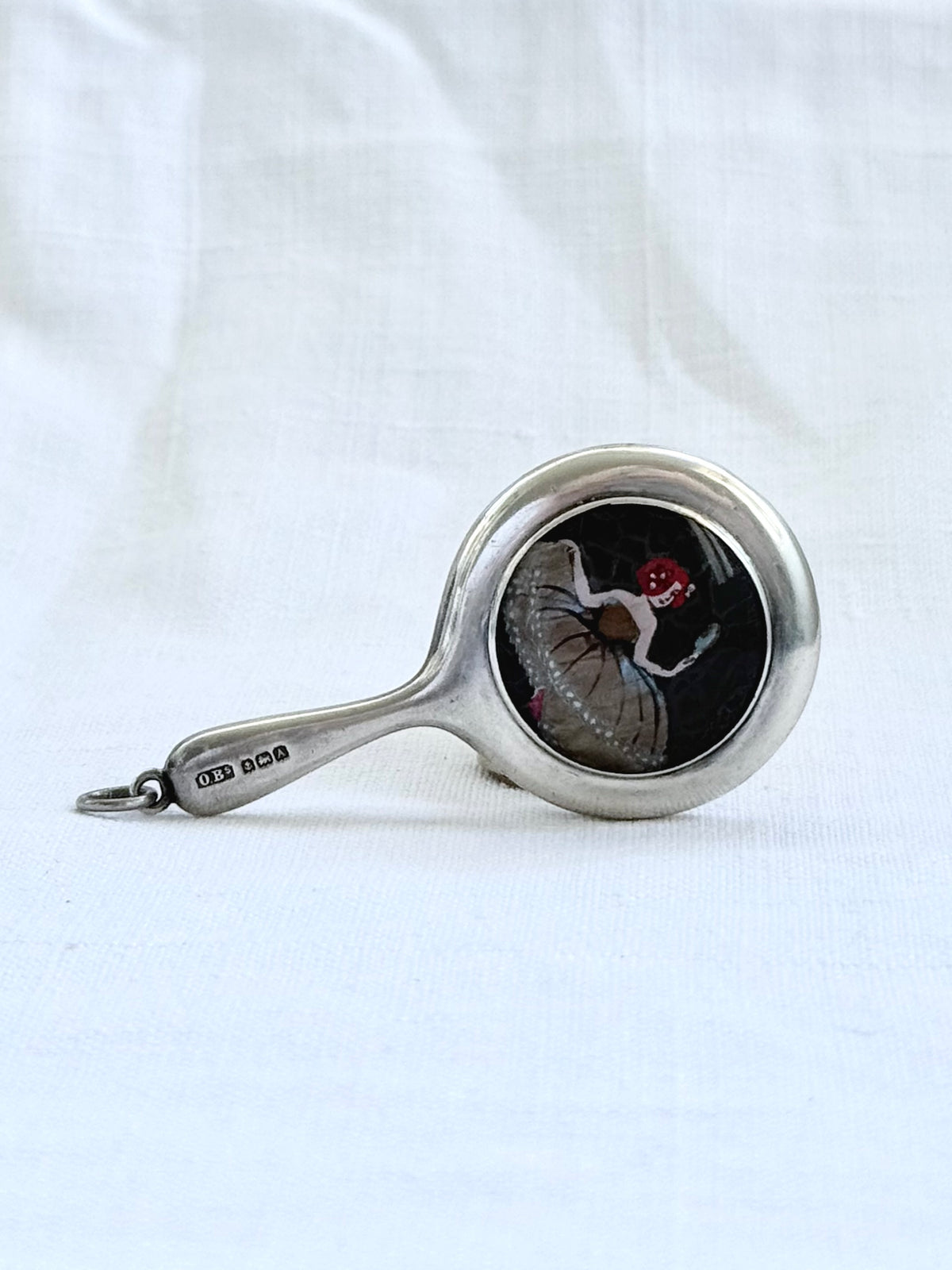 .1925 .925 antique Art Deco sterling silver mini chatelaine mirror hand painted butterfly wing miniature art micro chatelaine silver mirror pendant