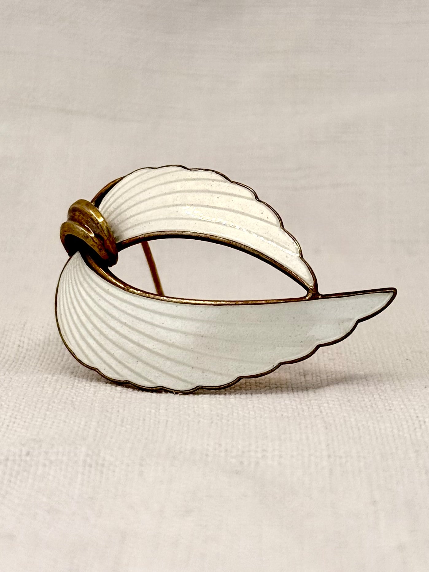 .1940s .925 Albert Scharning Norway silver and ice white guilloche enamel Viking leaf Scandinavian mid century modern designer brooch pin