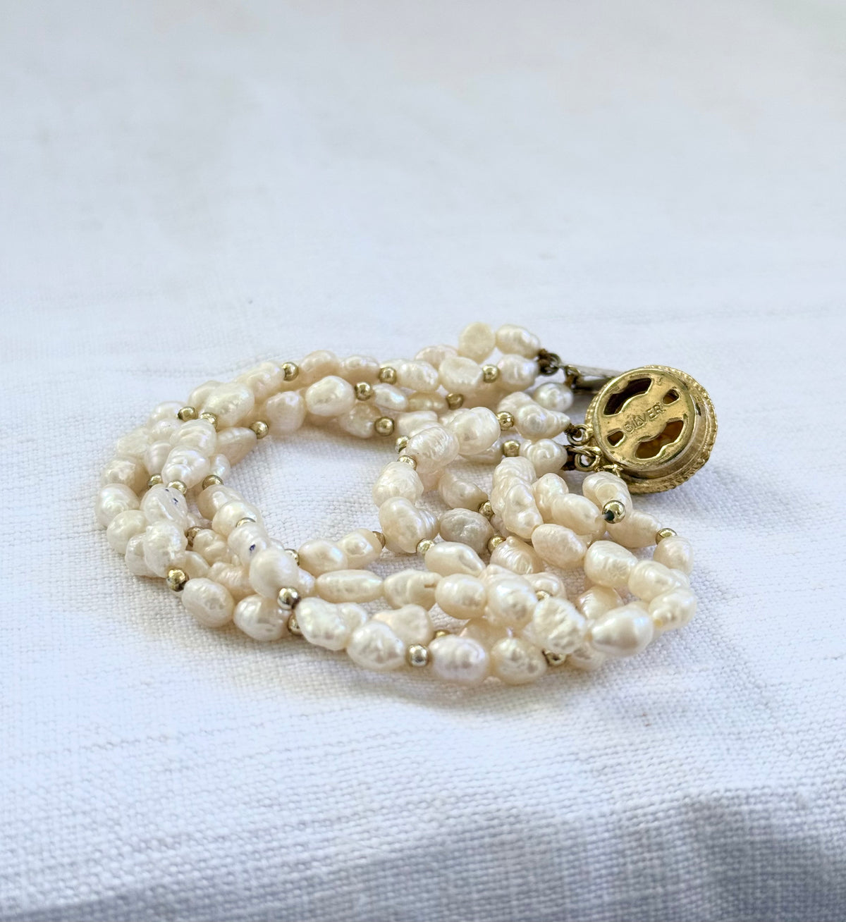 .4 strand .925 silver Gold Plated freshwater rice pearl multi strand vintage 1970s style pearl bracelet
