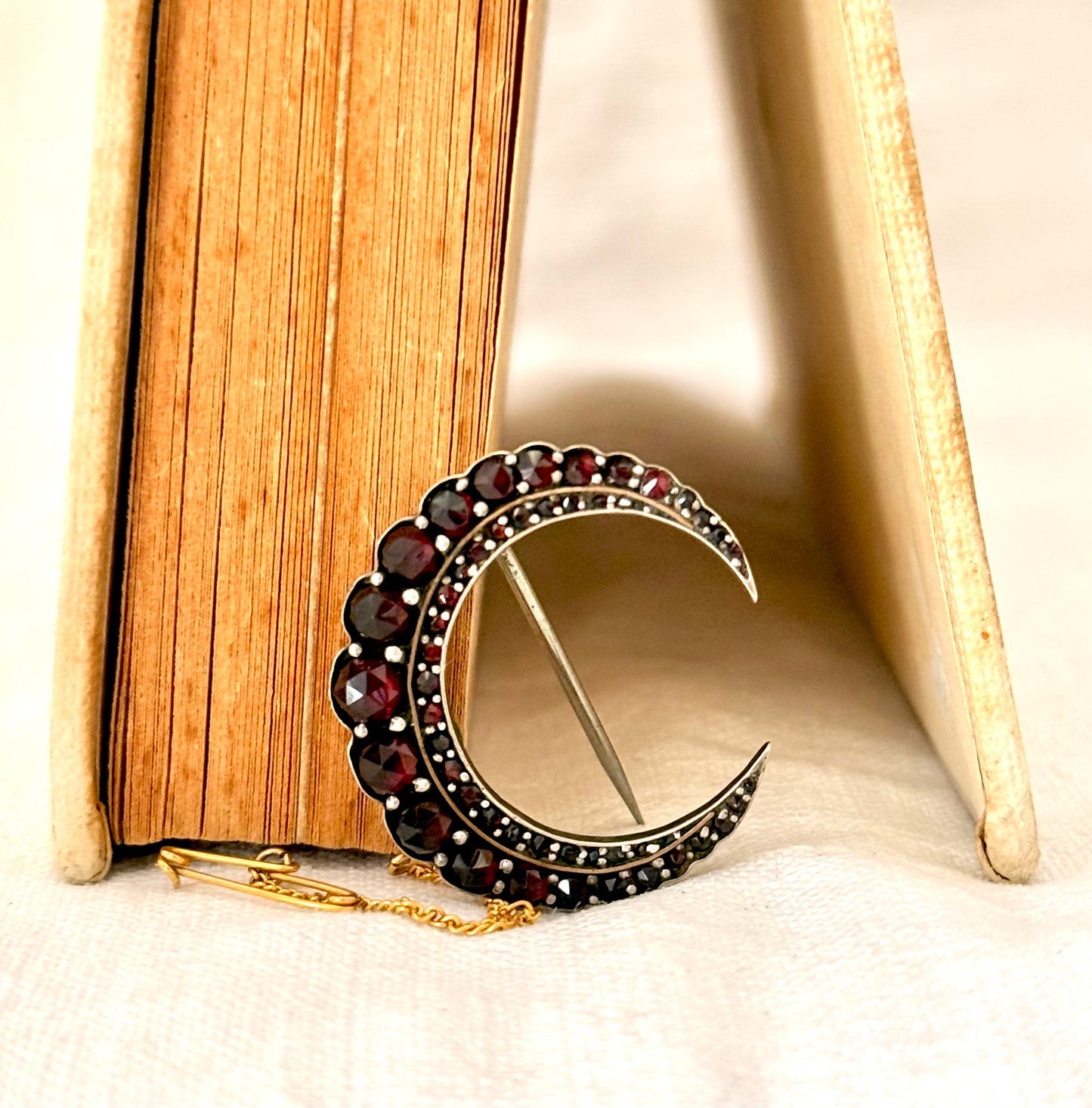 .1880s .1890s antique fine Bohemian Garnet gemstone set crescent celestial moon collectors silver gold brooch