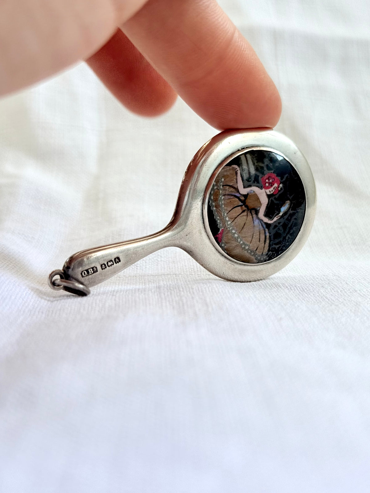 .1925 .925 antique Art Deco sterling silver mini chatelaine mirror hand painted butterfly wing miniature art micro chatelaine silver mirror pendant