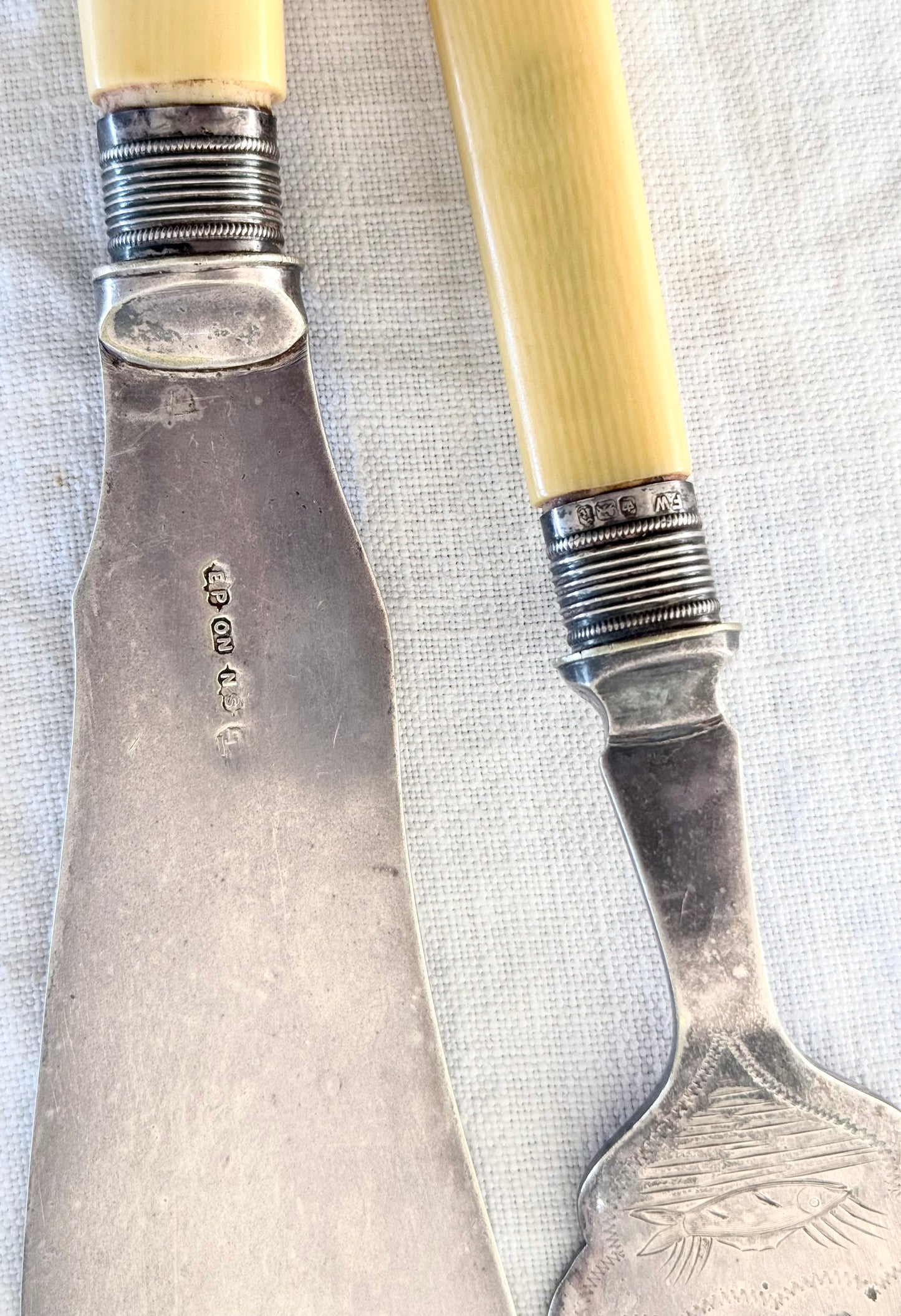 .1902 Antique Art Nouveau old world Fish Server Knife and Fork sterling silver and Silver Plated serving set
