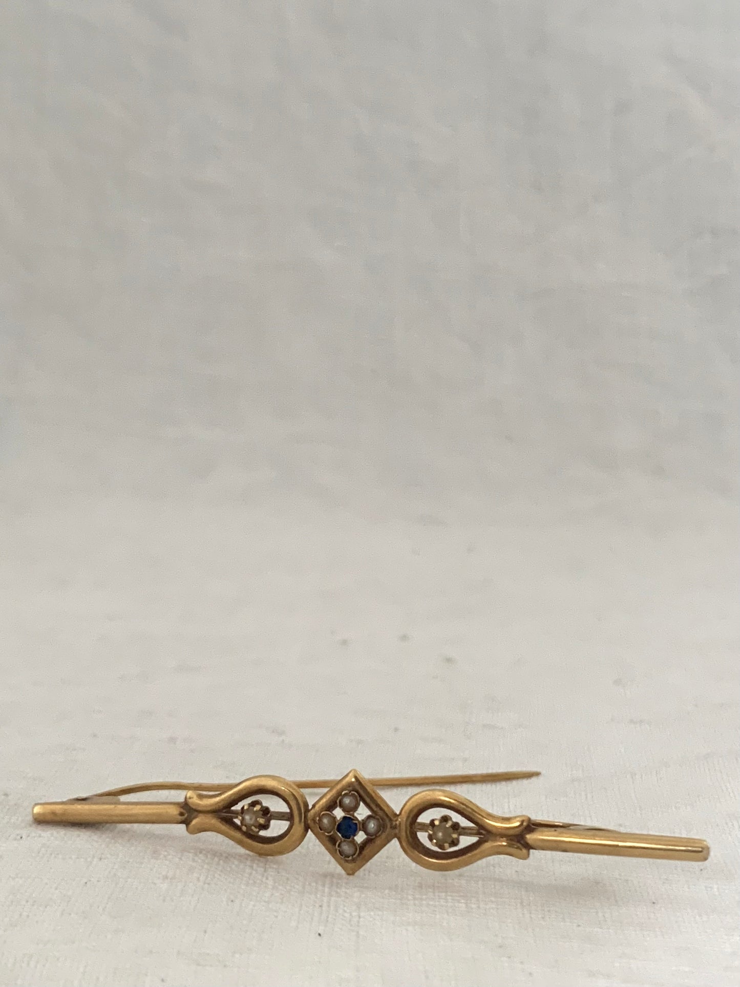 Belle Epoque French Sapphire and Seed Pearl buttery high 18ct gold late 1800s estate find sentimental sweetheart bar brooch