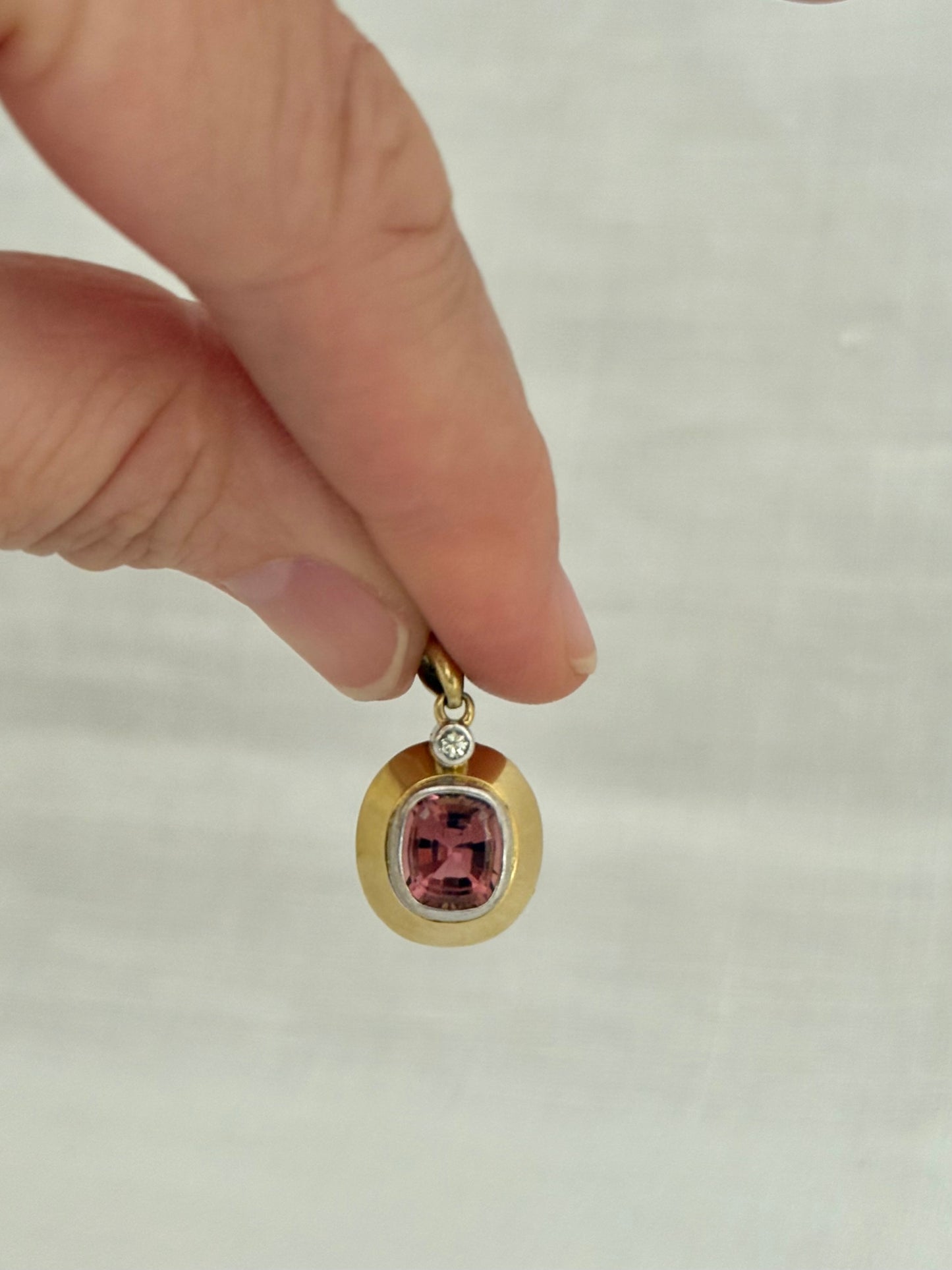 .18ct diamond and Pink Tourmaline modernist form high carat yellow gold luxury gemstone pendant