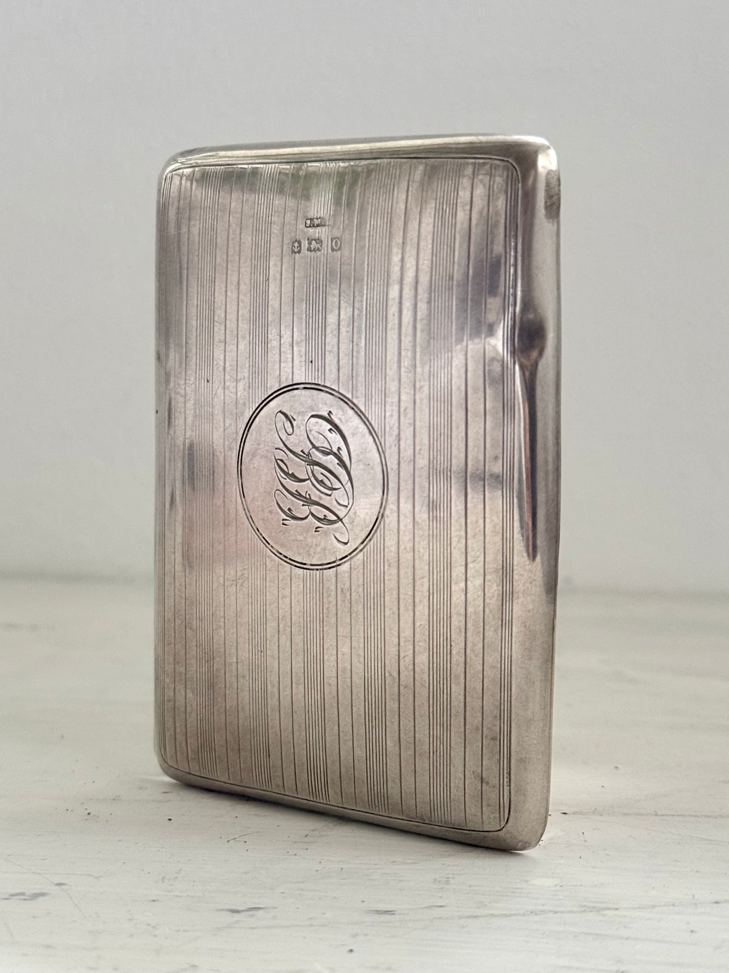 .1938 .925 Art Deco Birmingham hallmarked solid sterling silver pin stripe engine turned engraved heritage card case cigarette case