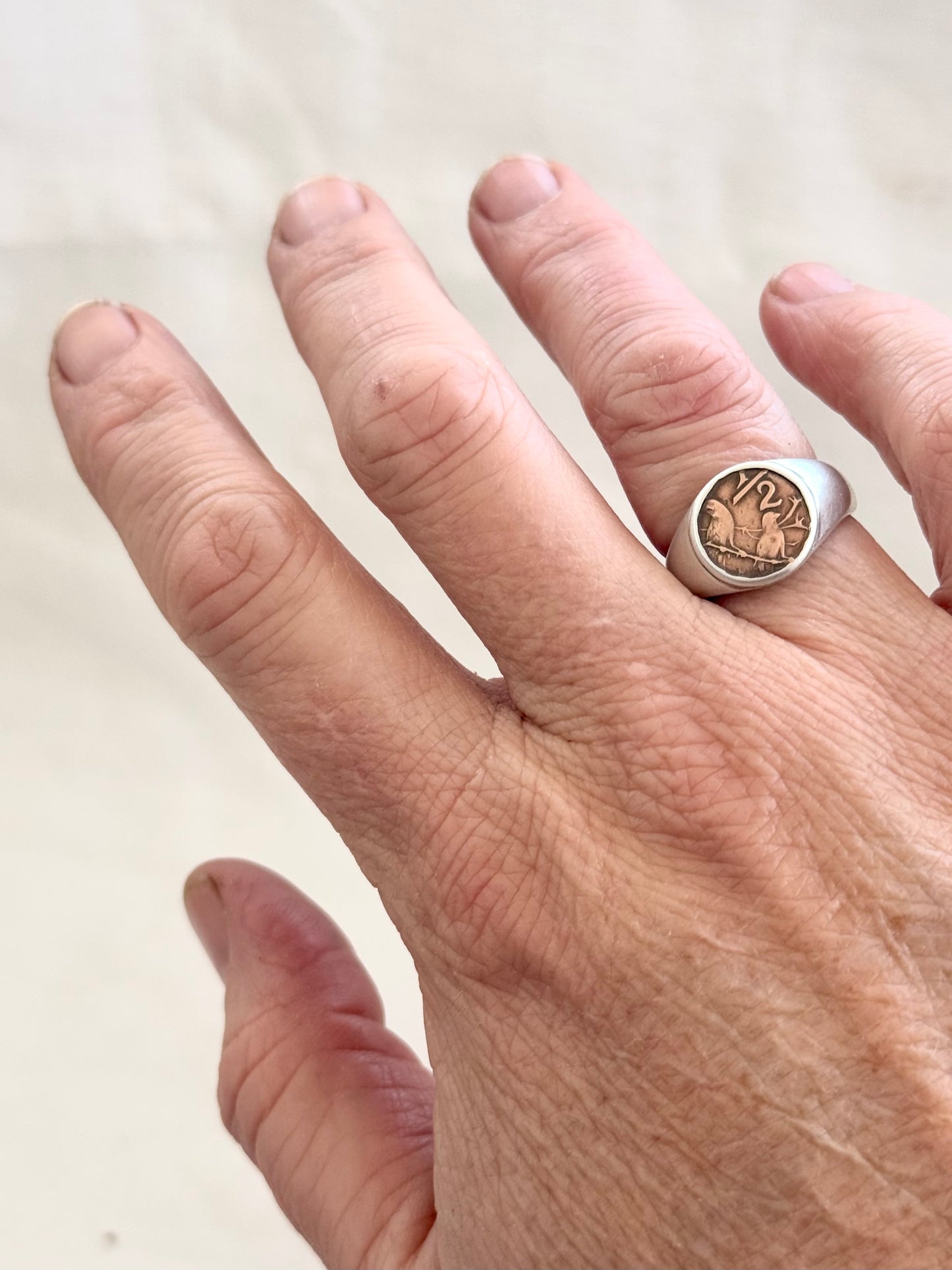 .925 .1970s .1980s 1/2 cent South African artisan made solid silver signet ring