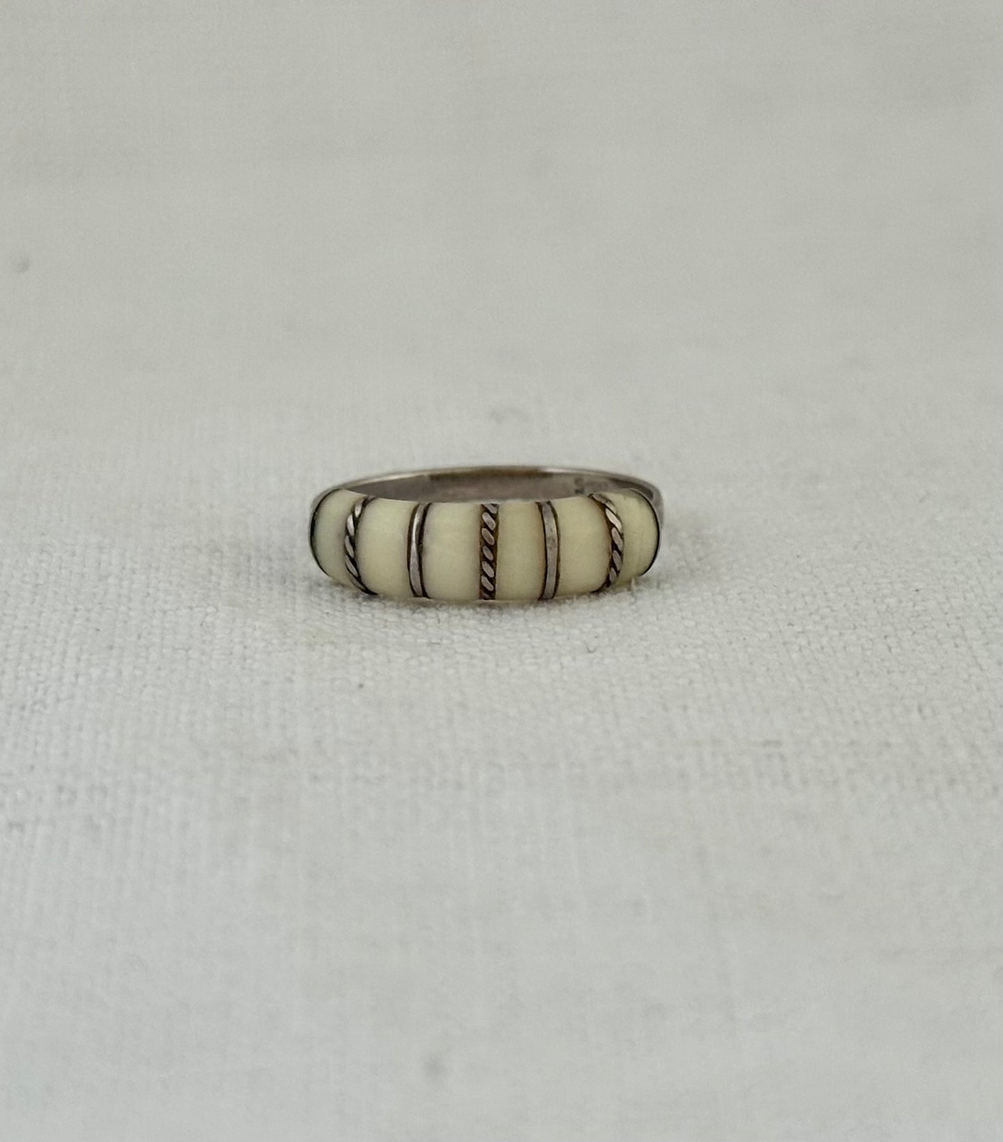 .1960s .1970s .925 artisan silver architectural ivory inlay ring band stackable silver ring